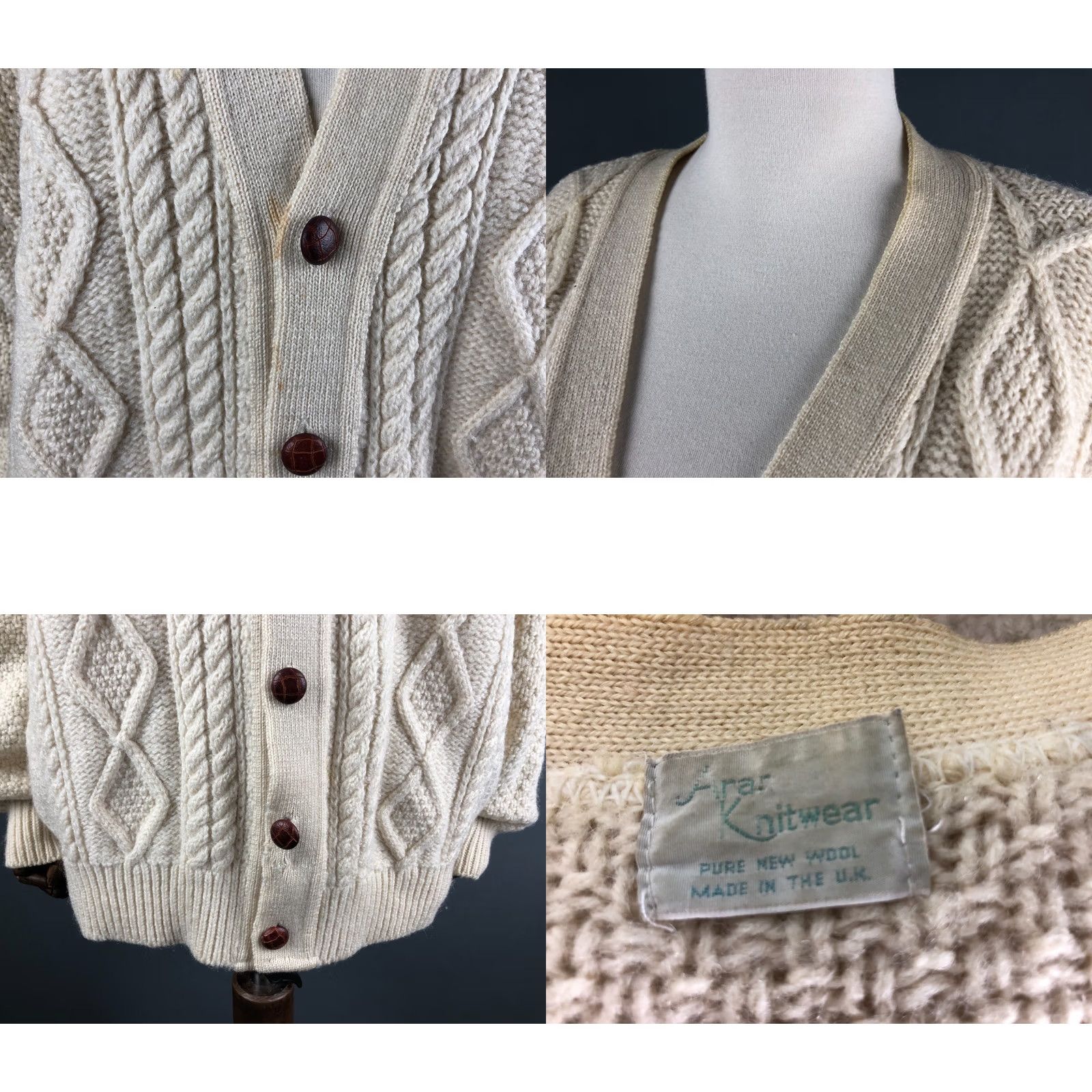 Vintage Aran Cardigan Mens XL Ivory Pure New Wool Wool Knit Cable-V-Neck Button Shirt Sweater Classic Vintage No Size US XL / EU 56 / 4 - 8 Thumbnail