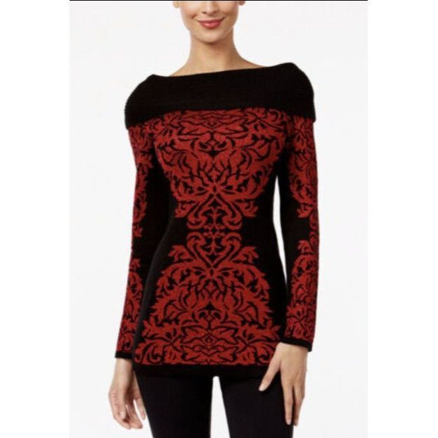 Other INC International Concepts L Red Black Baroque Knit Off Shou Size L / US 10 / IT 46 - 2 Thumbnail