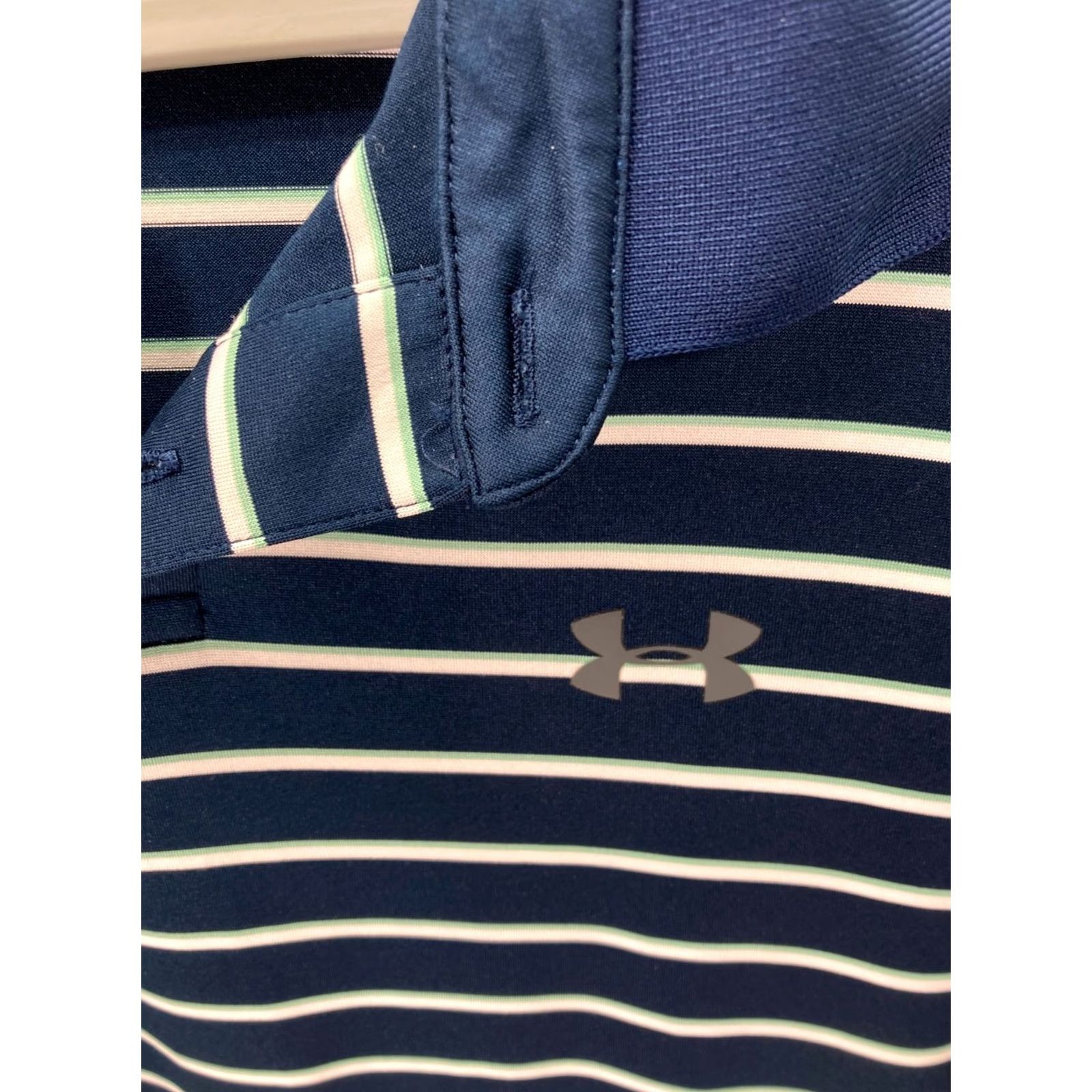 Under Armour Under Armour HeatGear Polo Shirt Mens L Blue White Striped Golf Performance Logo Short Sleeve Loose Fit Size US L / EU 52-54 / 3 - 6 Thumbnail
