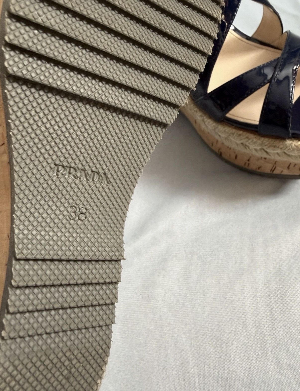 Prada Prada Navy White Stripes Patent Leather Wedge Sandals 38eu Size US 8 / IT 38 - 9 Thumbnail