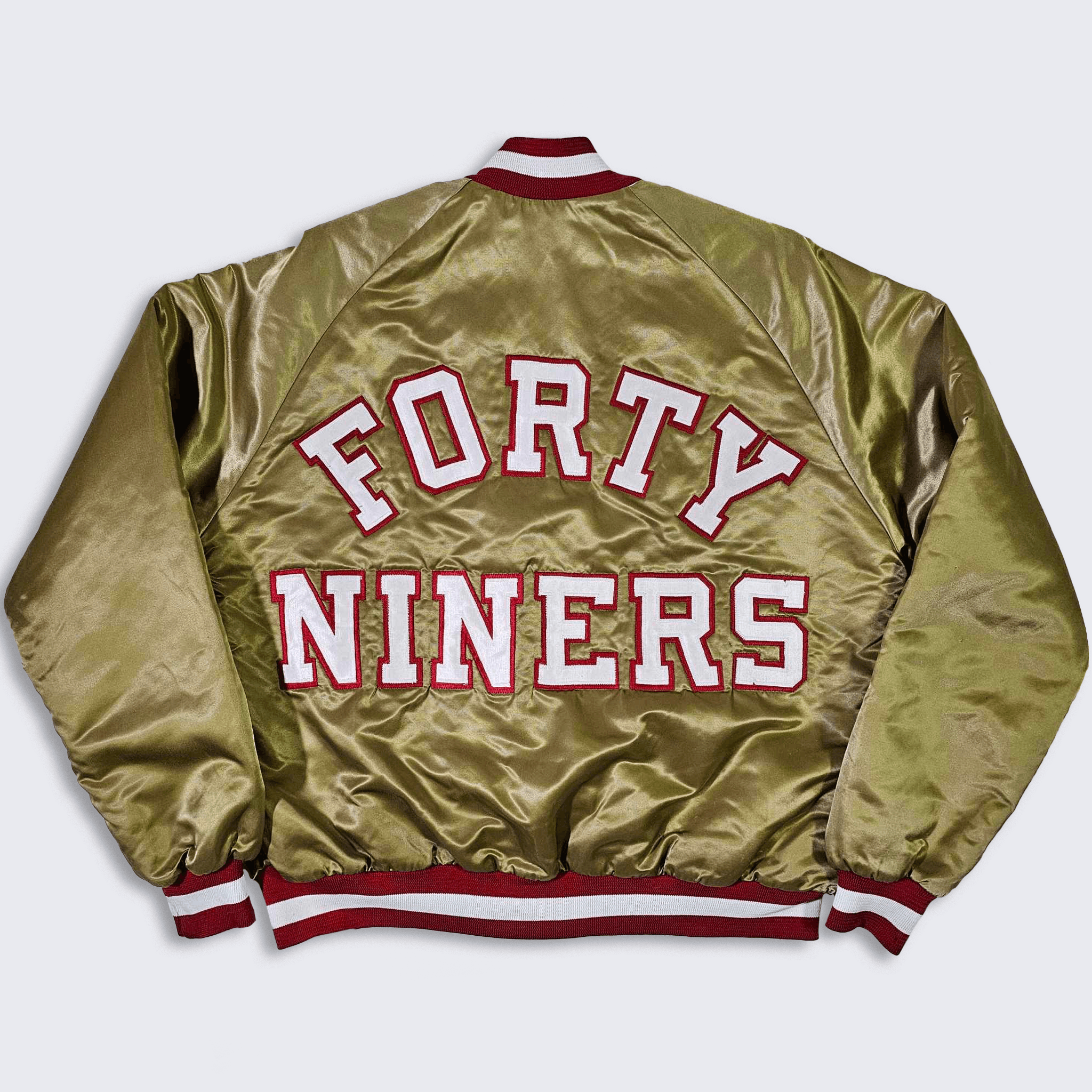 image of San Francisco 49Ers 80's Chalk Line Satin Bomber Jacket in Gold, Men's (Size Large)