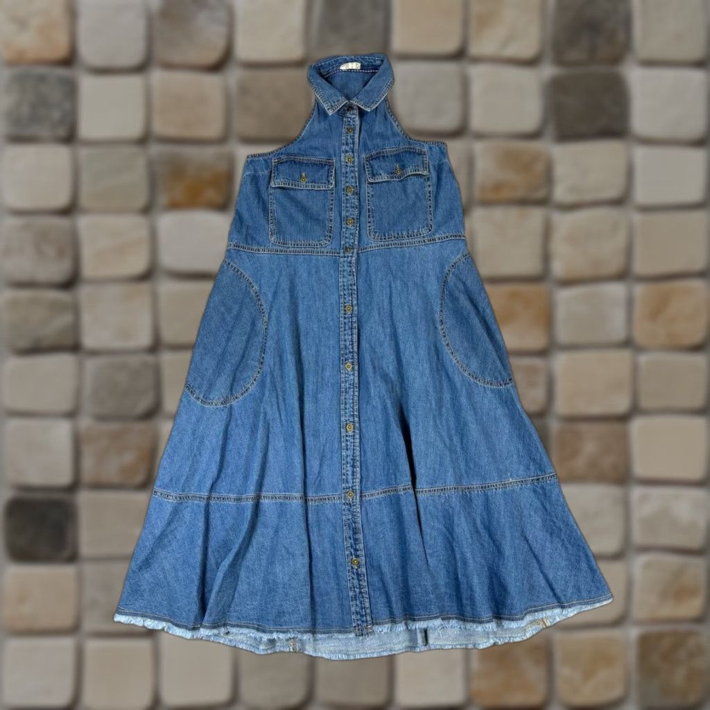 Vintage Pilcro Dress Womens Xxs Blue Cotton Denim Blouson Midi Sleeveless Button Collared Pockets Casual Branded Denim Cotton 2XS Threads Size XXS / US 00 / IT 34 - 1 Thumbnail
