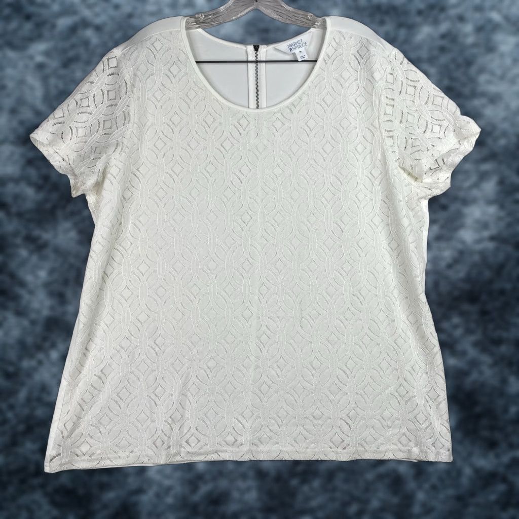 Market Market Spruce Blouse Shirt Womens XXL White Lace Overlay Short Sleeve Zip Bluish-White Casual, Travel, Workwear Vintage No (Rearranged within rules) Size XXL / US 16-18 / IT 52-54 - 1 Thumbnail