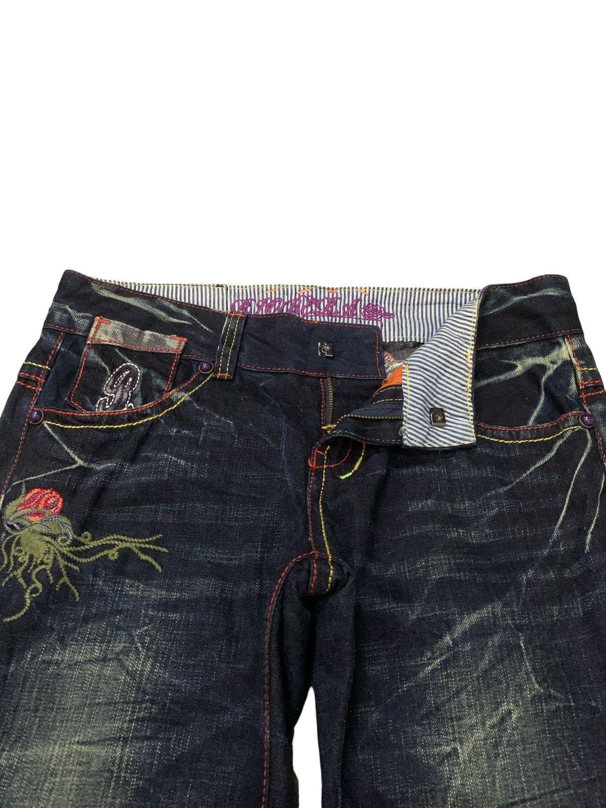 Ed Hardy × Japanese Brand Riobera Japan Embroidered Skull Tattoo Flared Denim Pants Size US 30 / EU 46 - 11 Thumbnail