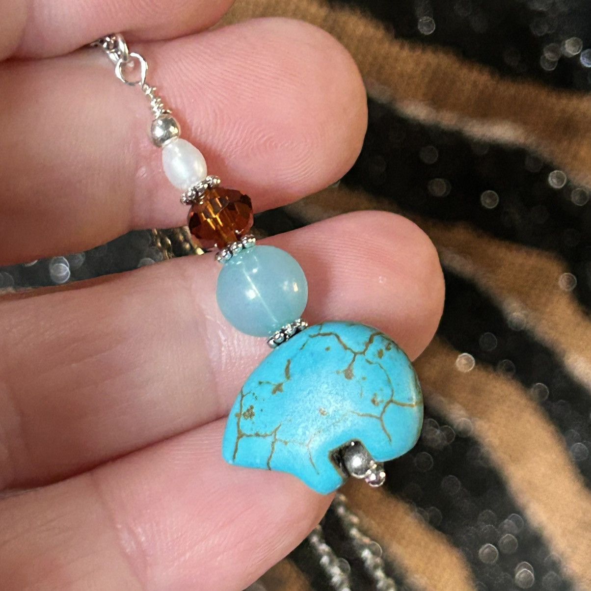 Handmade Handcrafted howlite carved bear beaded drop pendant necklace Size ONE SIZE - 6 Thumbnail