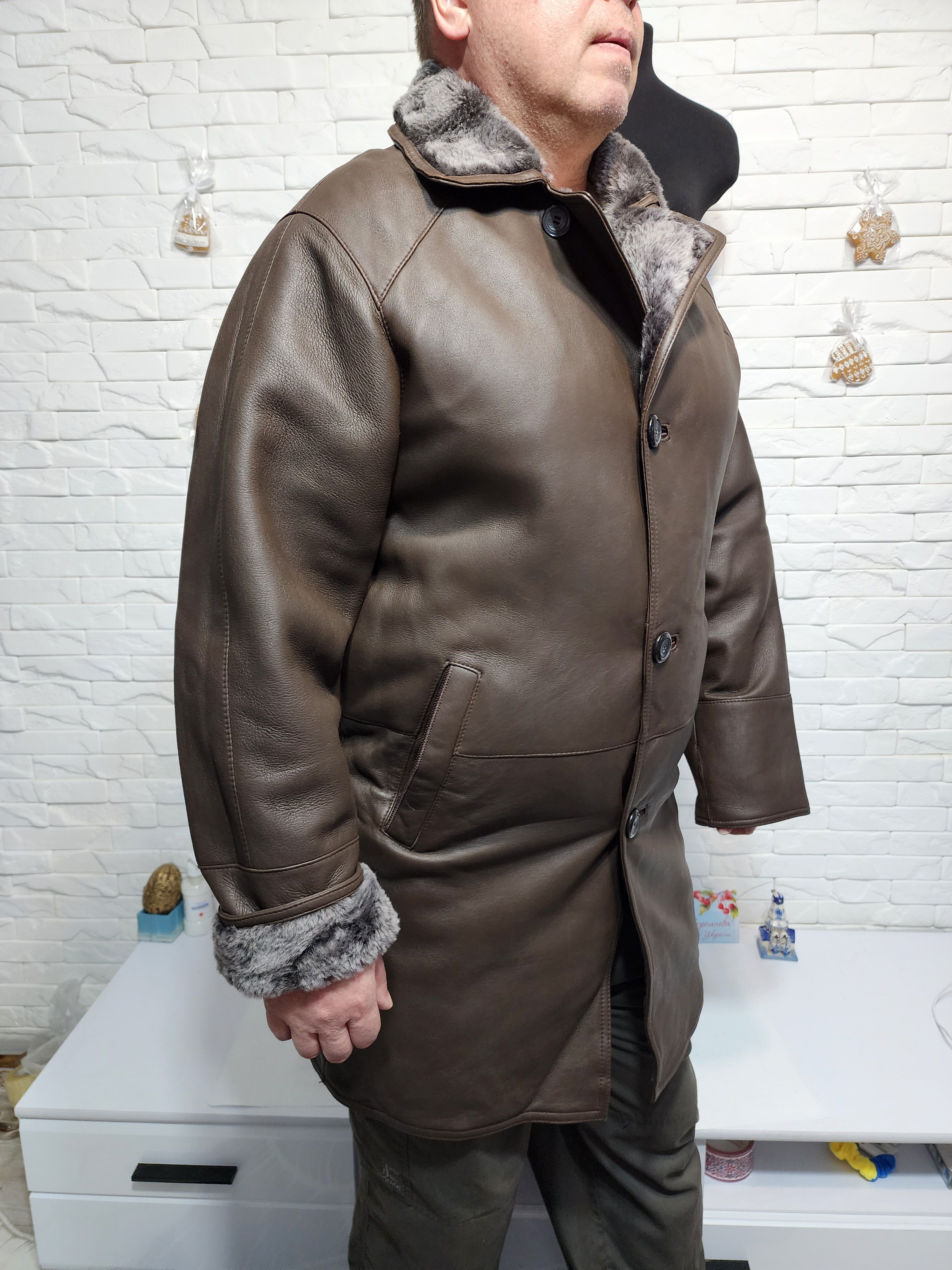 Furla Men's Brown Sheepskin Coat: Genuine Fur, Button Closure Size US L / EU 52-54 / 3 - 3 Thumbnail