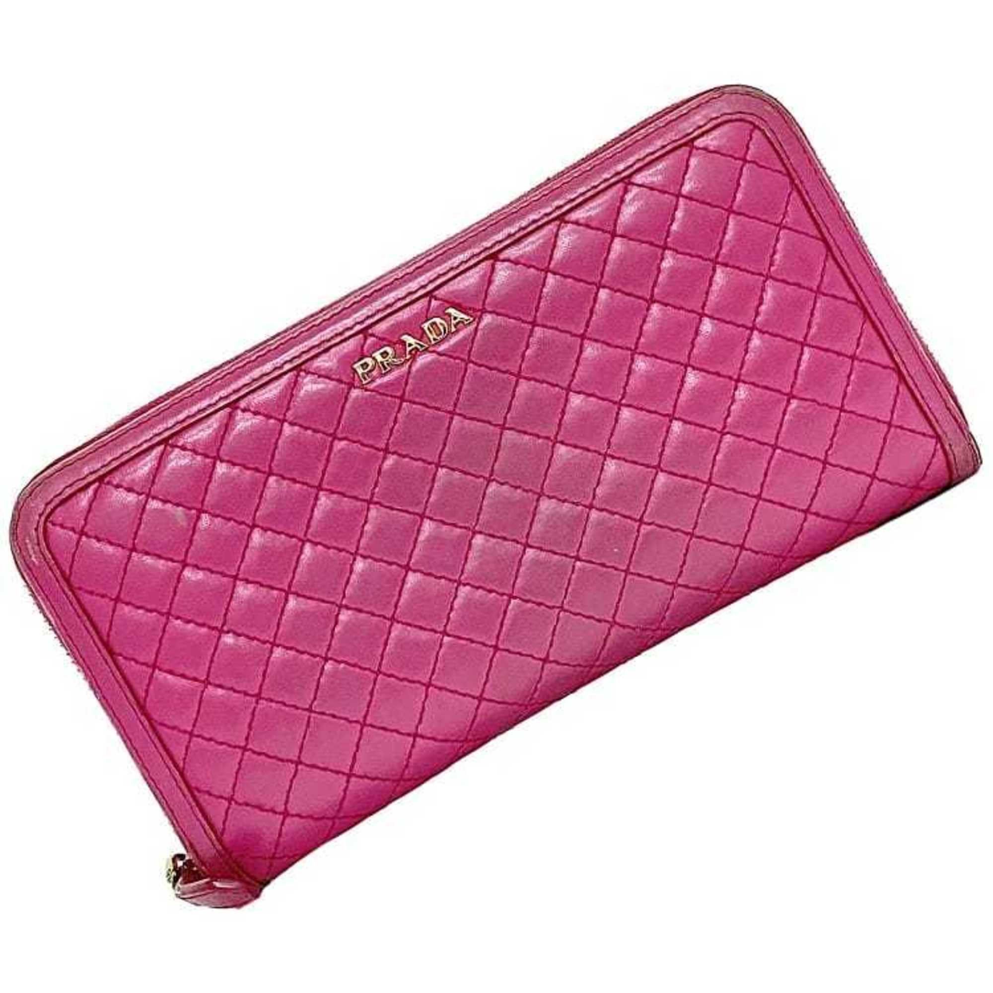 image of Prada Round Long Wallet Pink Fuxia 1M0506 Quilted Leather Ladies, Women's