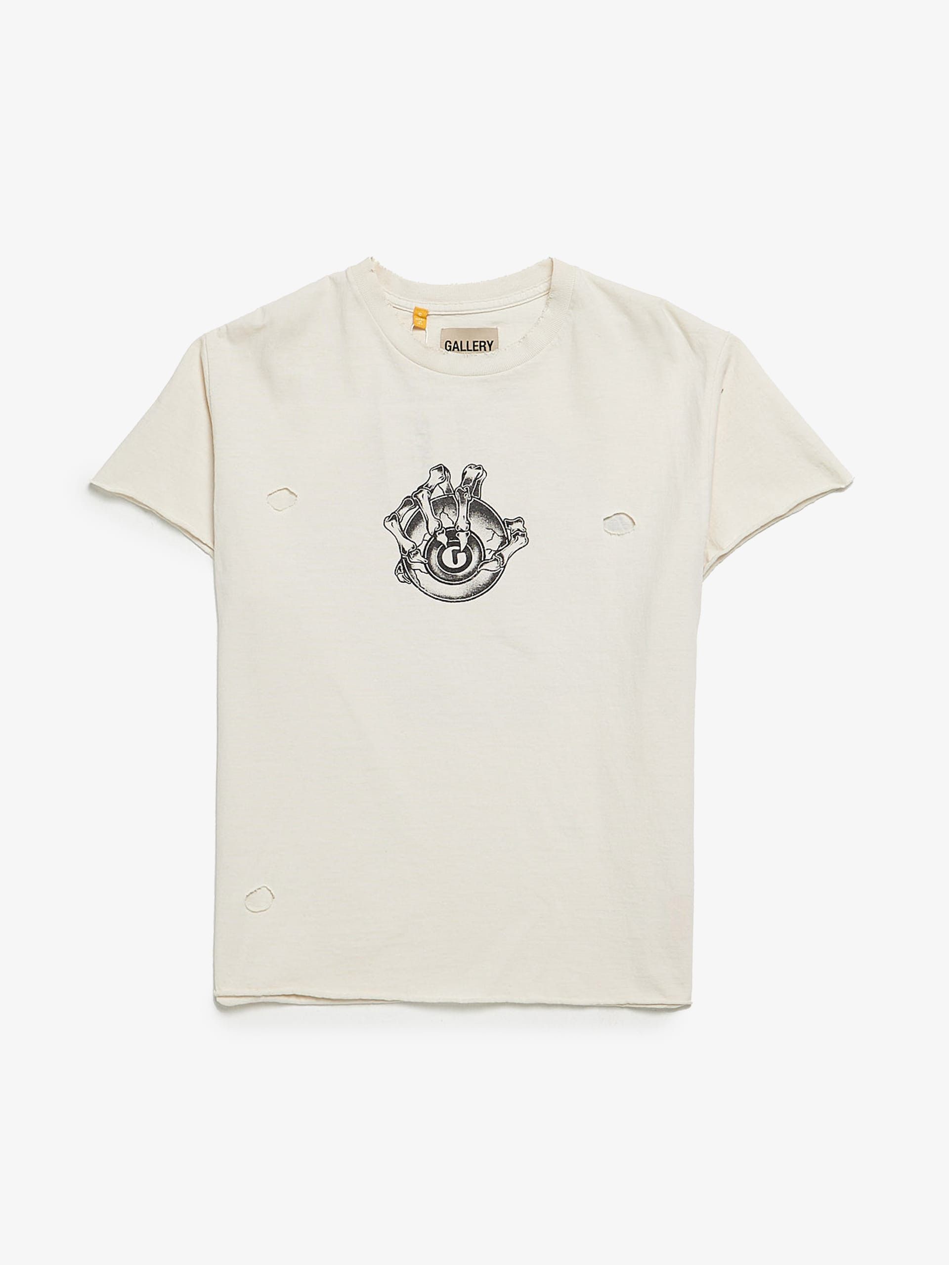Cream Distressed and Printed Cotton T Shirt