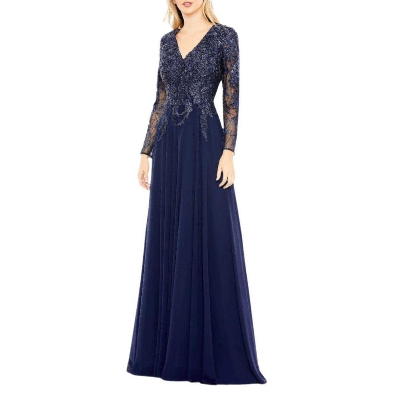 MACH & MACH Mac Duggal 20388 Size 12 Navy Blue Long Sleeve Maxi Dress UB Size XL / US 12-14 / IT 48-50 - 2 Thumbnail