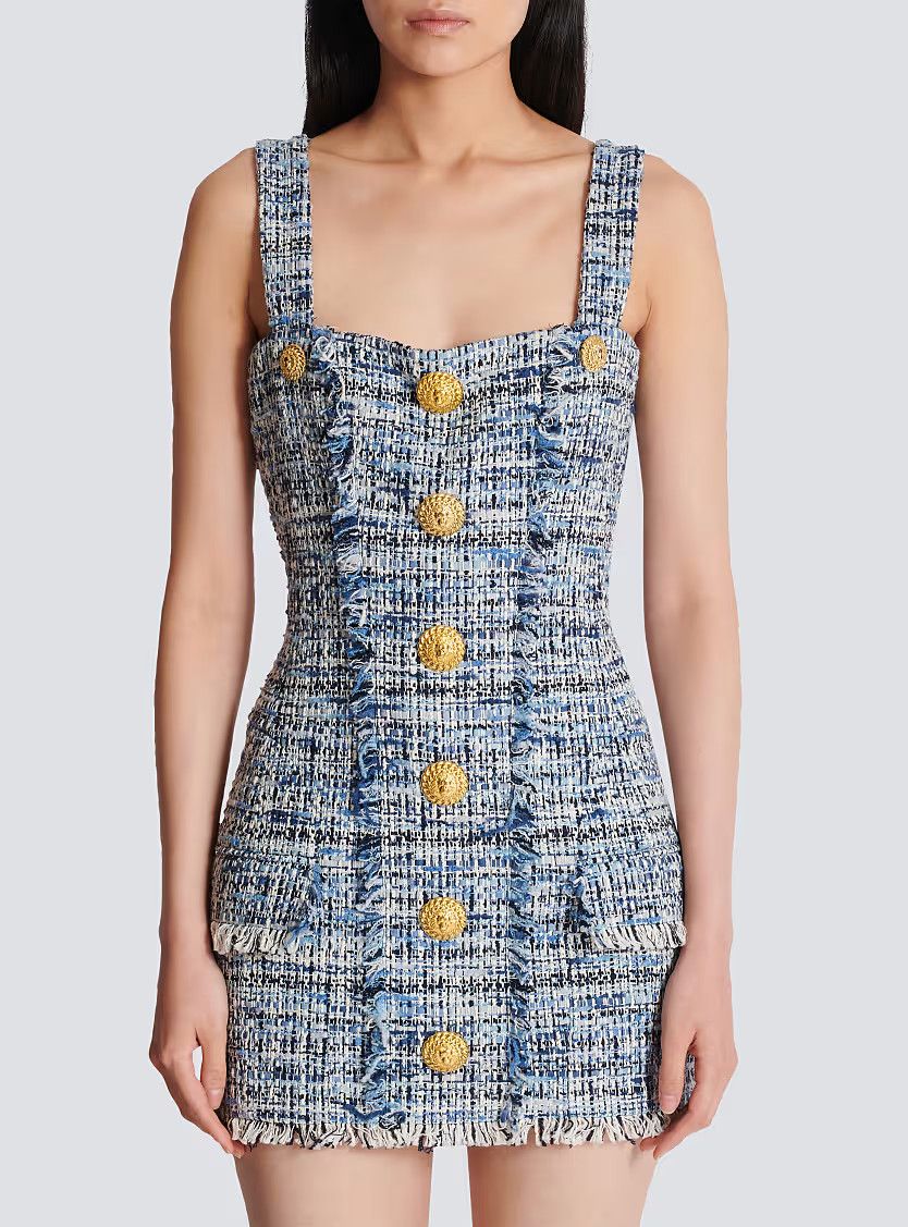 Balmain o1s1wg111225 Short Tweed Dress With Straps in Blue Size XL / US 12-14 / IT 48-50 - 4 Thumbnail