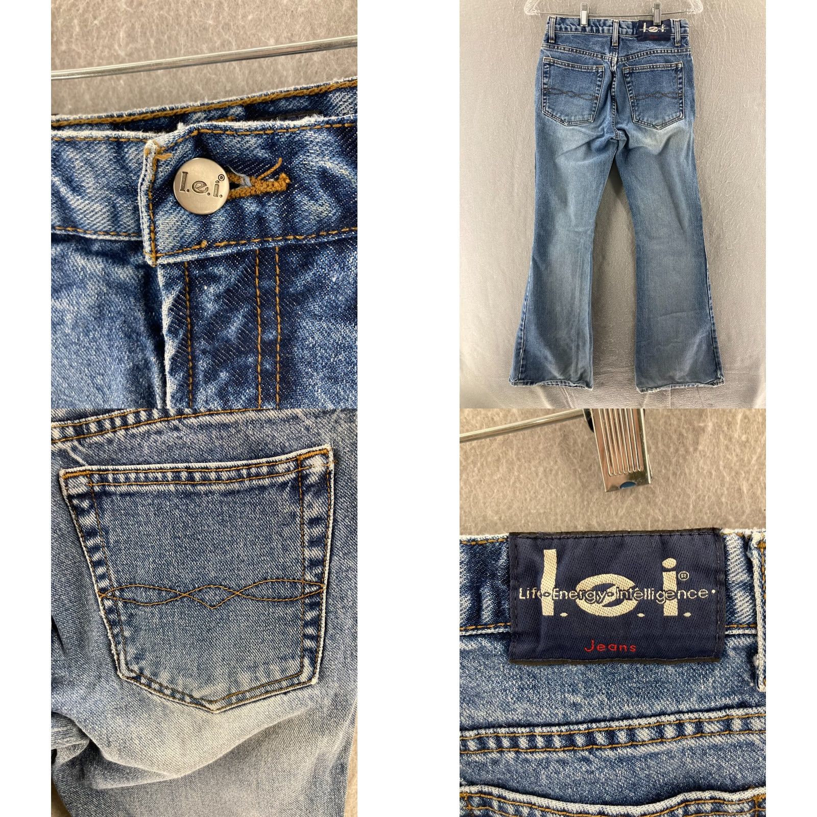 Vintage LEI Jeans Womens 3 Flare Cut Low Rise Distressed 90s Embroidered Jeans Juniors Blue 3 Pocket Distressed Little Boho Hipster Retro Womens Size 26" / US 2 / IT 38 - 8 Thumbnail