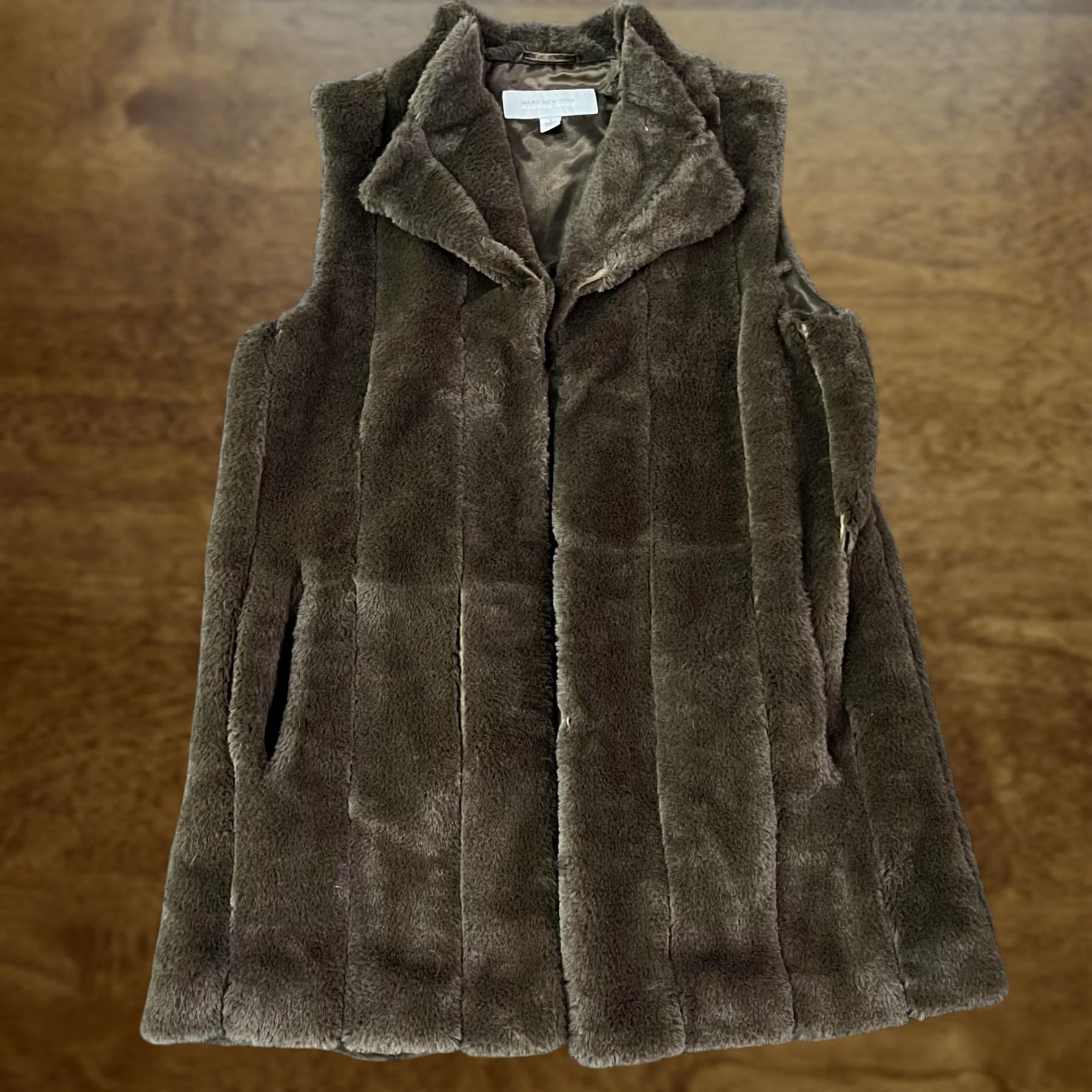 Vintage Marc New York Vest Womens Small Brown Faux Fur Lined Hook Eye Pockets Mid Length Size S / US 4 / IT 40 - 1 Thumbnail
