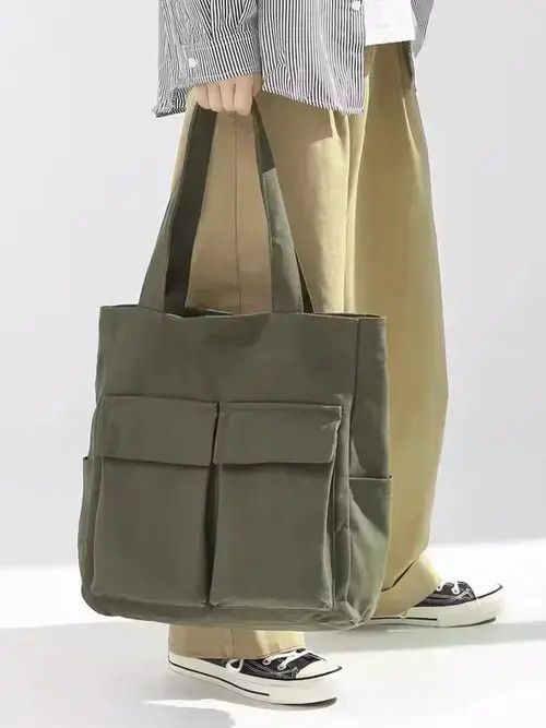 Fashion Canvas Tote Bag With Pocket Vintage in Black, Men's