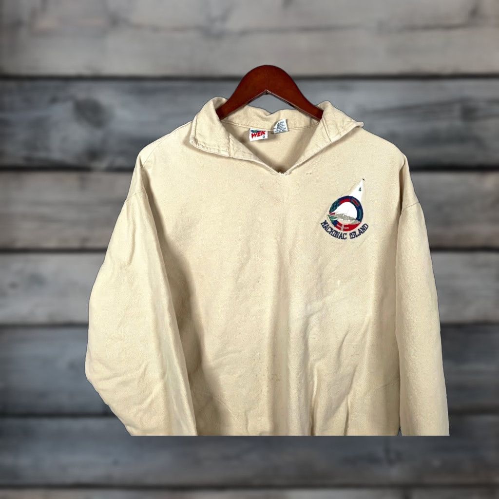 Vintage VTG WEK Sweatshirt Shirt Adult M Beige Embroidered Oversized 90s City Preppy Retro Collared Pockets - Pullover Mens Size US M / EU 48-50 / 2 - 1 Thumbnail