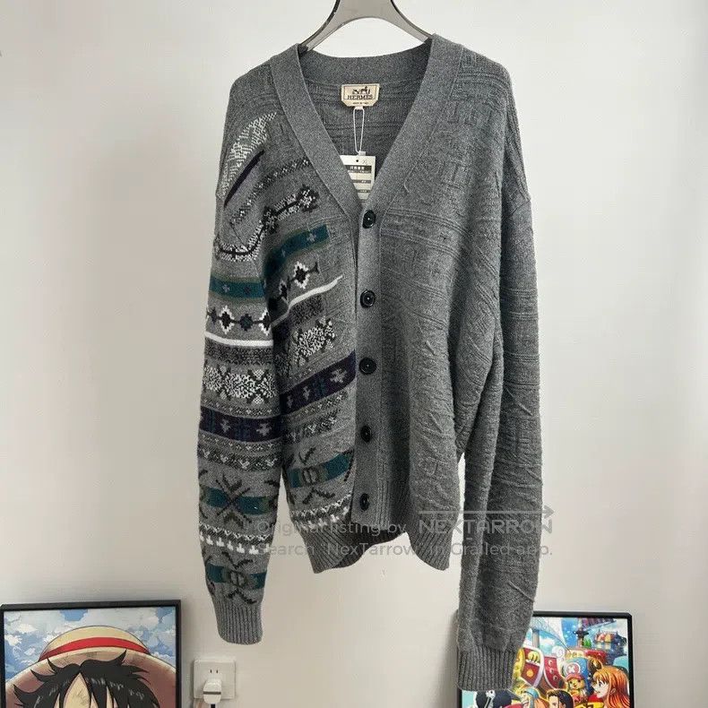 Hermes Gray Cashmere Jacquard Knit Sweater