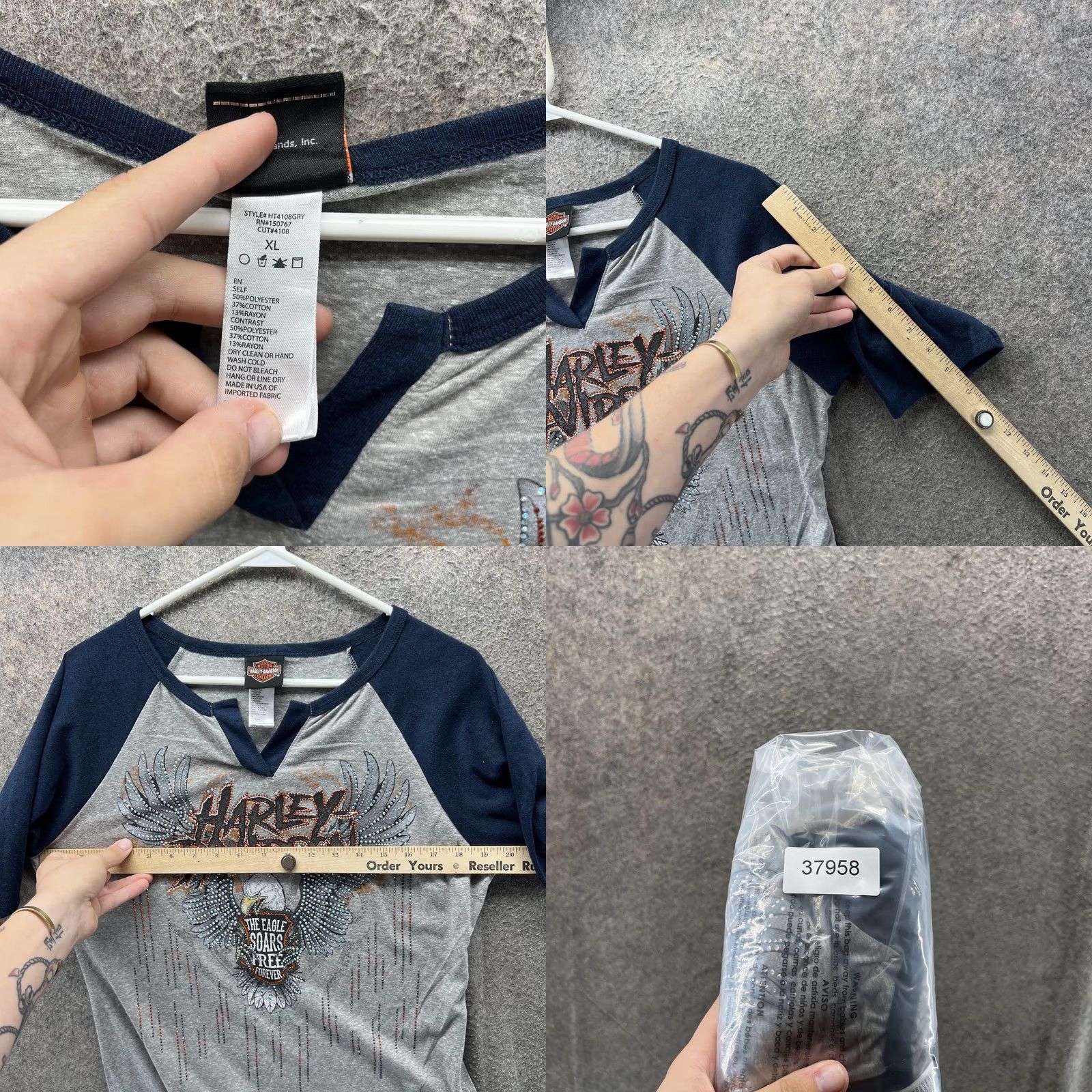 Harley Davidson VINTAGE Harley-Davidson Shirt Womens XL Gray Blue Raglan Rhinestone Eagle Graphic Size XL / US 12-14 / IT 48-50 - 8 Thumbnail