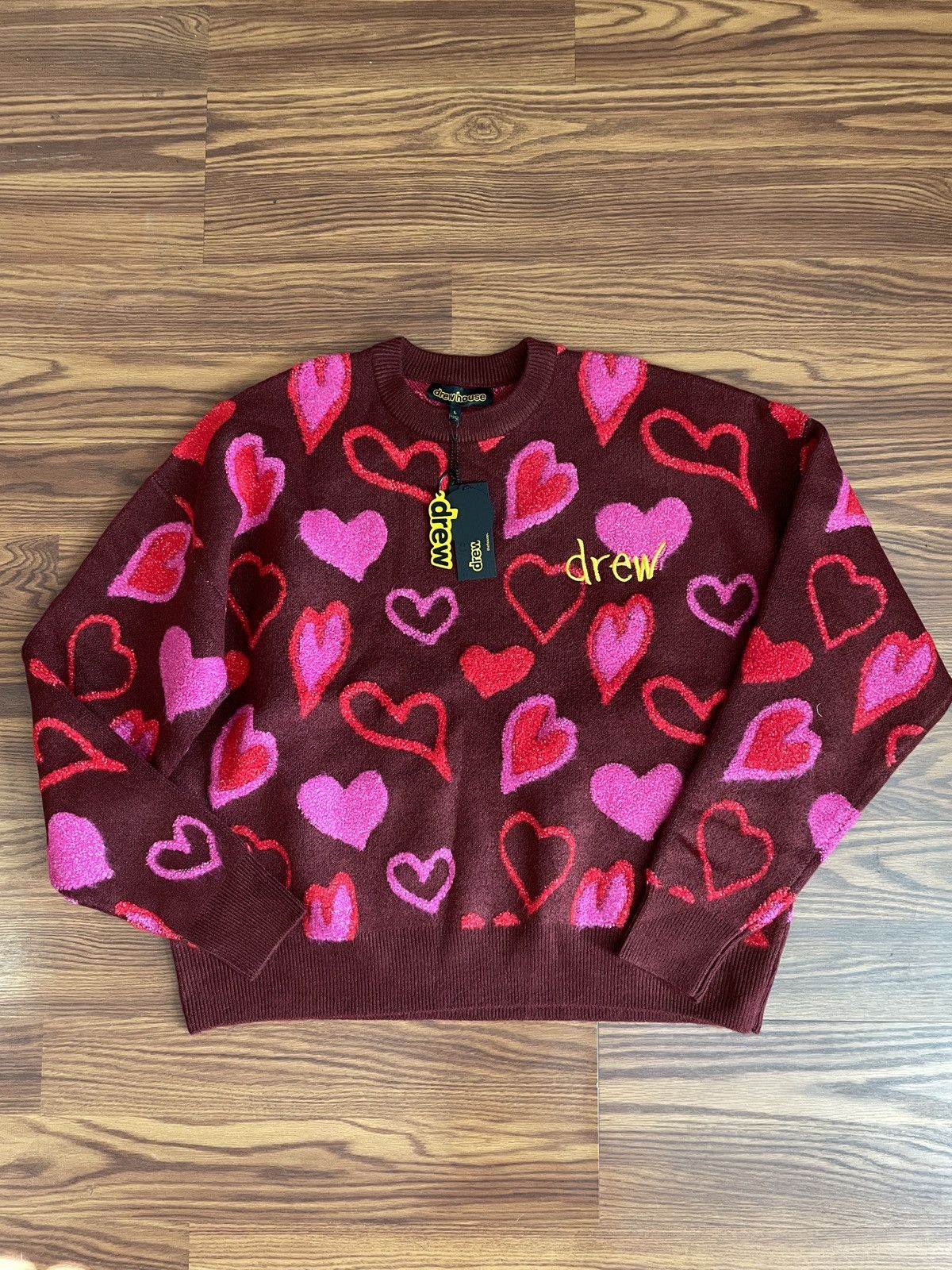 image of Drew House Scribble Hearts Pink Knit Sweater, Men's (Size Large)