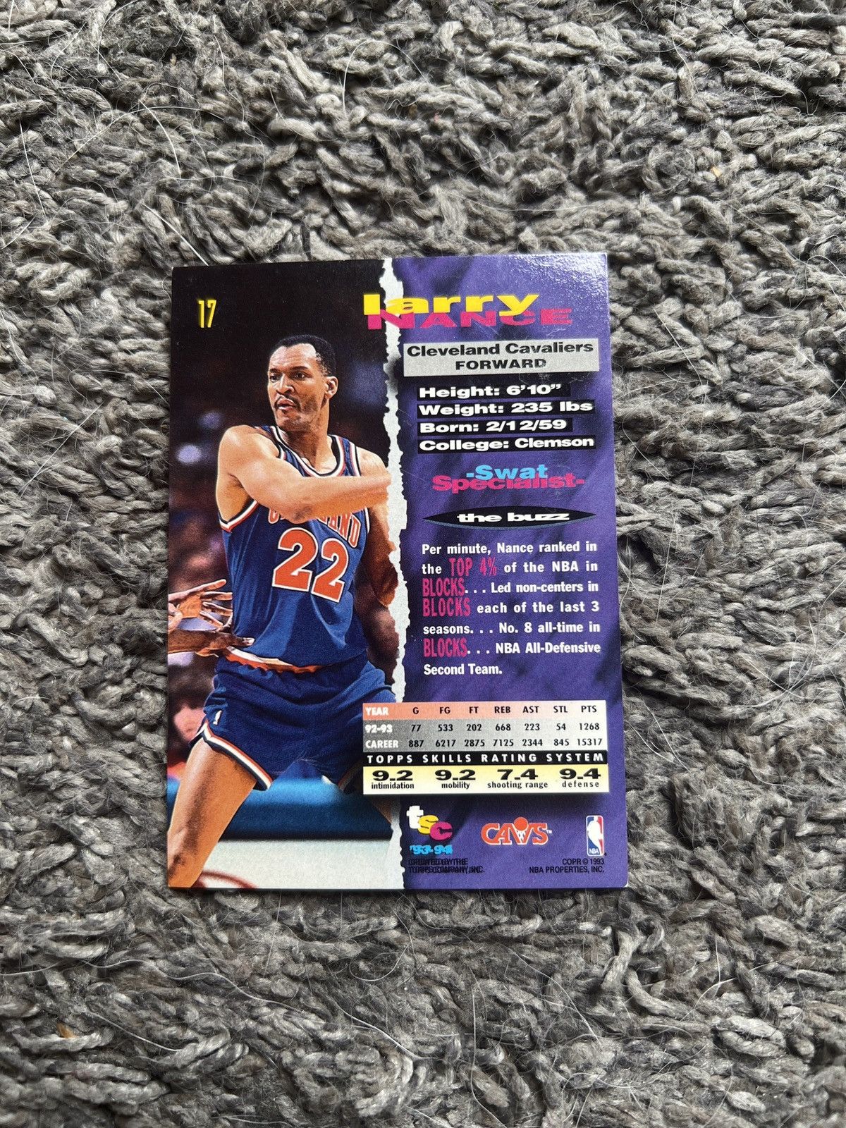 NBA 1993 Topps #17 Larry Nance Card Size ONE SIZE - 2 Thumbnail