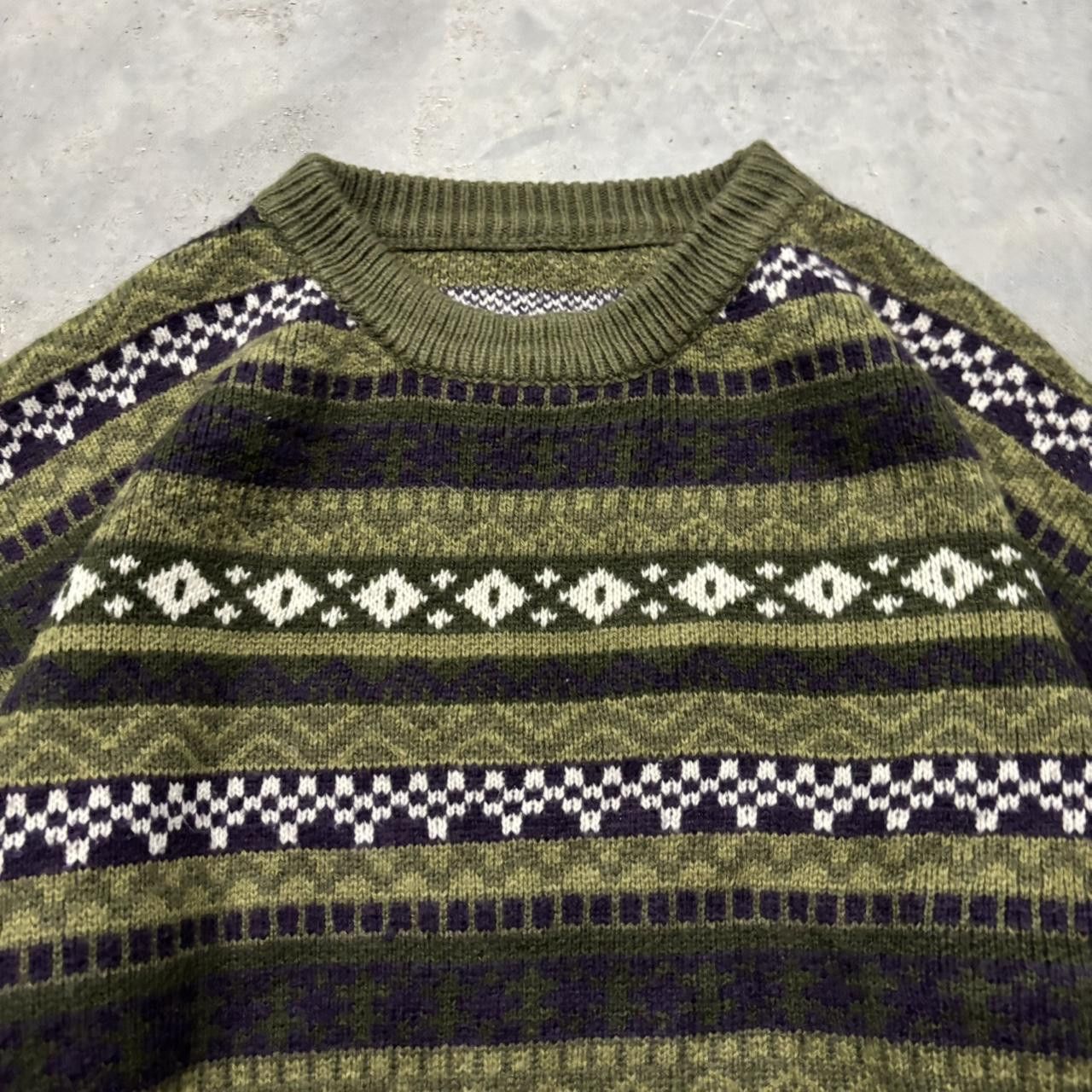 Japanese Brand × Vintage Crazy Vintage Y2K/2000s Green Striped Pattern Coogi Style Boxy Sweater! Size US L / EU 52-54 / 3 - 2 Thumbnail