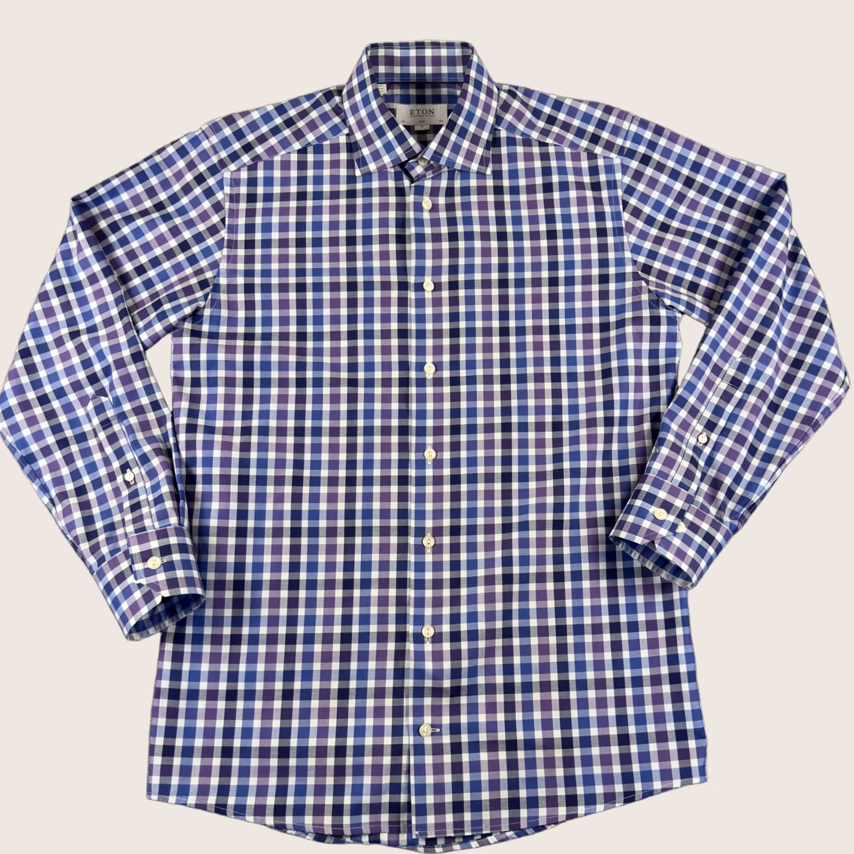Eton Eton Dress Shirt Mens 39 15.5 Blue Gingham Slim Fit Long Sleeve Cotton Size 40R - 1 Thumbnail