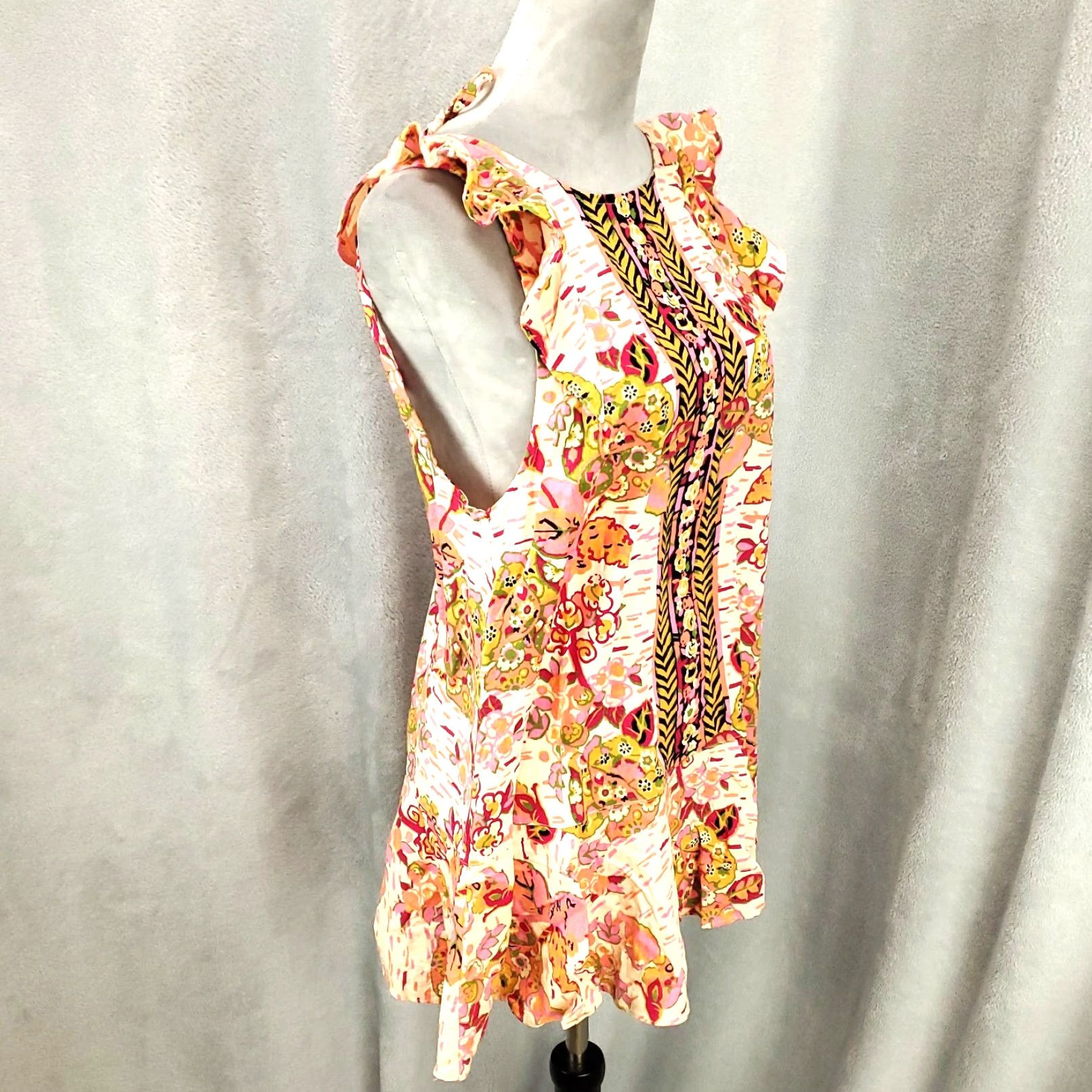 Free People Free People Blouse Tunic Womens Small S Linen Multicolor Boho Ruffle Open Back Round Neck Sleeveless Vest/Shirt Style Casual Travel Business Mens? Size S / US 4 / IT 40 - 2 Thumbnail
