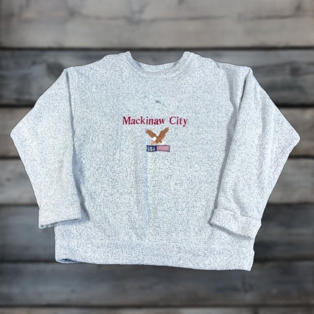 Vintage VINTAGE 90s Mackinaw City Fleece Sweatshirt Adult Medium Gray Eagle Flag Embroidery Size US M / EU 48-50 / 2 - 1 Thumbnail