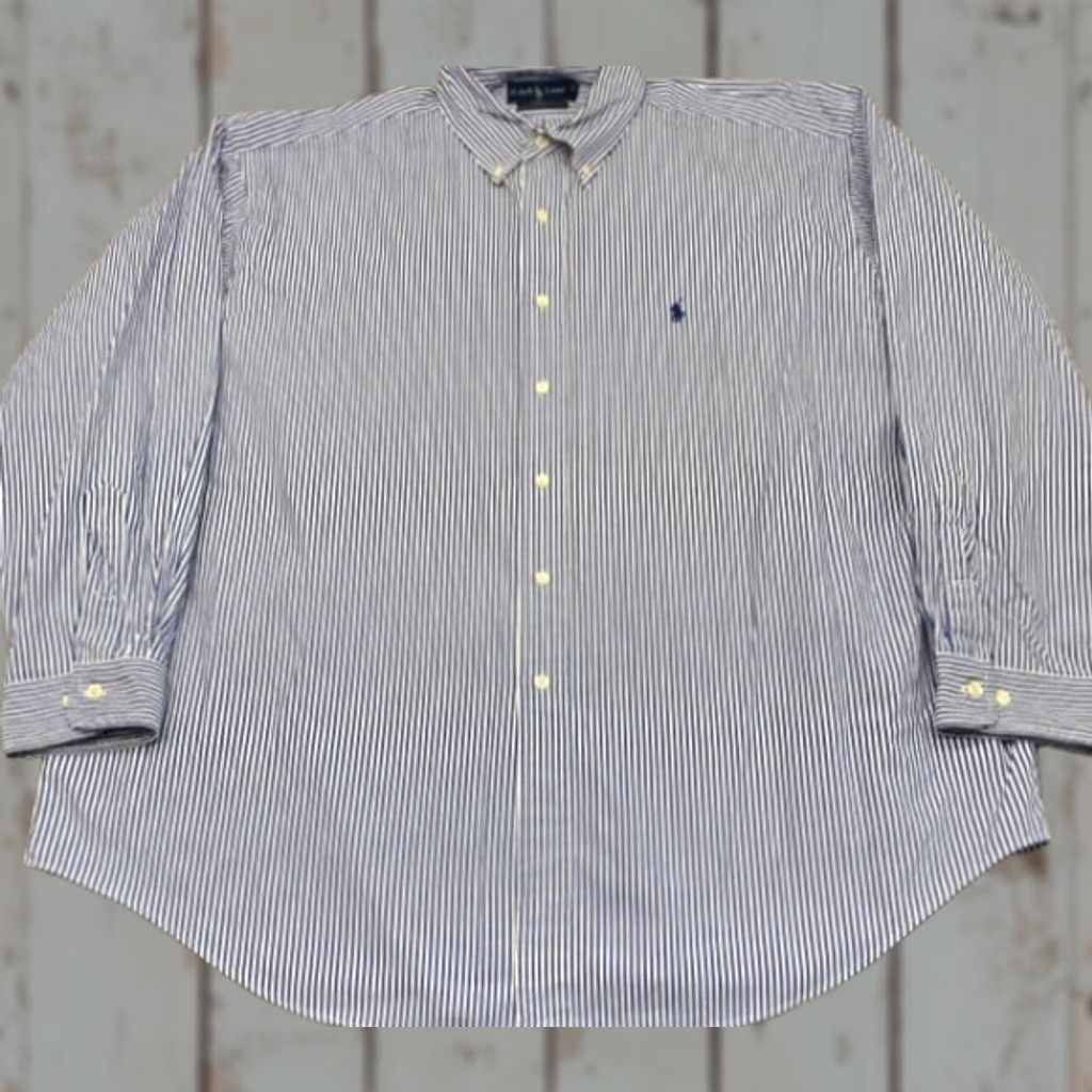 Ralph Lauren Yarmouth Pinpoint Oxford Men's 18 Blue White Striped Long Sleeve Dress Shirt Mens