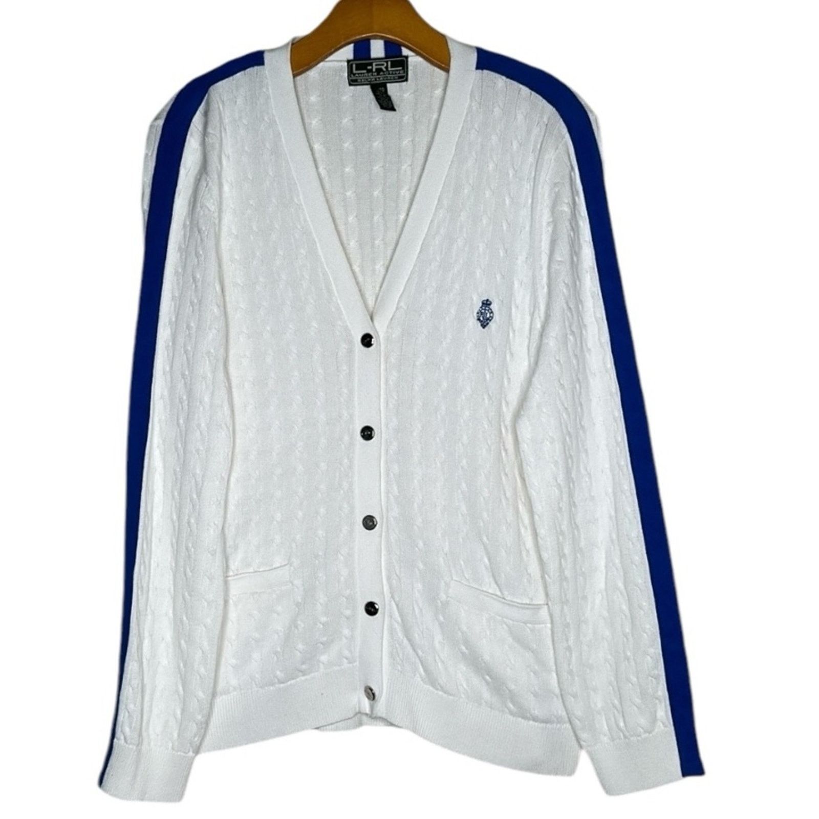 Lauren Ralph Lauren × Vintage VTG Ralph Lauren Cable Knit White Blue Logo Sweater XL Size XL / US 12-14 / IT 48-50 - 1 Thumbnail