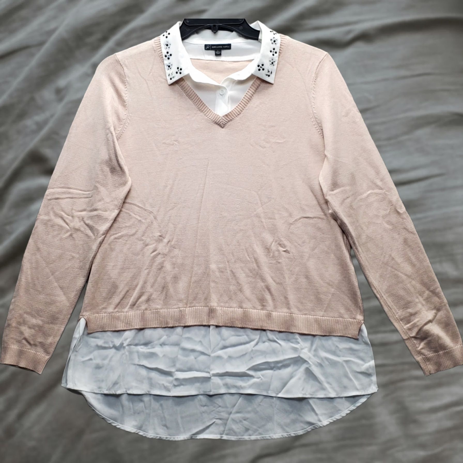 Adrianna Papell Adrianna Papell Twofer Sweater Womens L Multicolor Collared High Low Slit Rhinestones Pullover Knit Shirt Size L / US 10 / IT 46 - 1 Thumbnail
