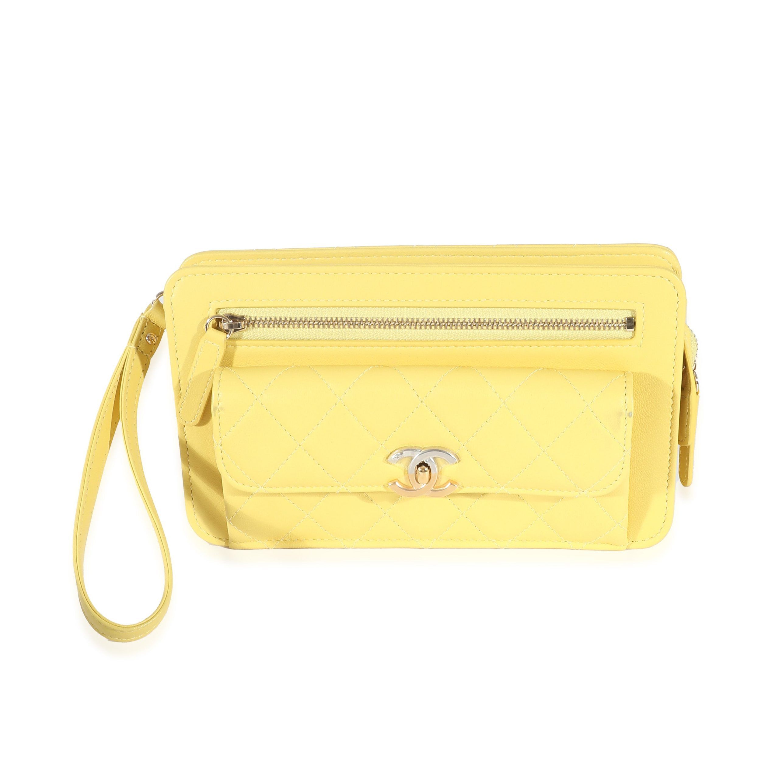 image of Chanel Yellow Lambskin Quilted Front Pocket Wristlet, Women's