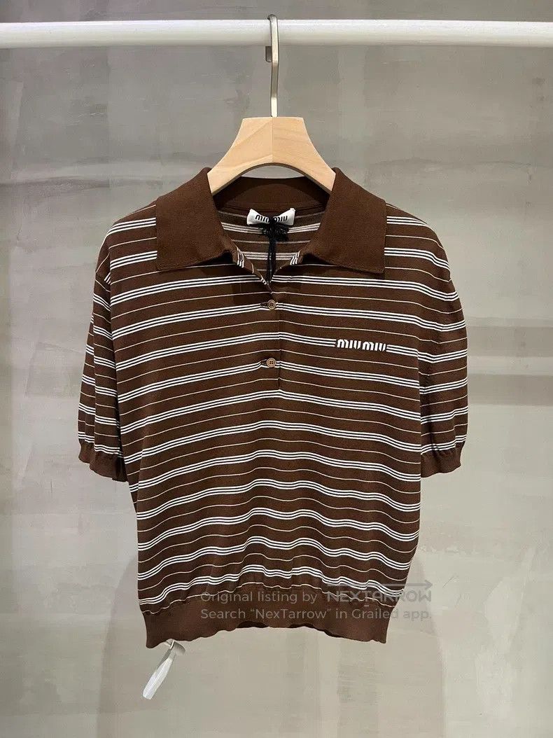 Miu Miu 40 Retro striped lapel short sleeve knit top