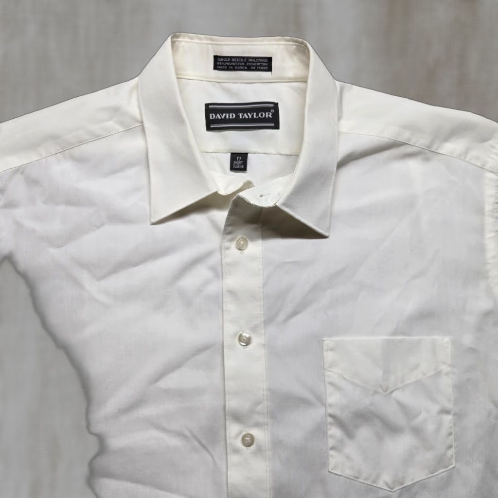 Vintage David Taylor Shirt Dress Shirt Men's 17 White Short Sleeve Button Up Collared Solid Vintage No Size 46R - 1 Thumbnail