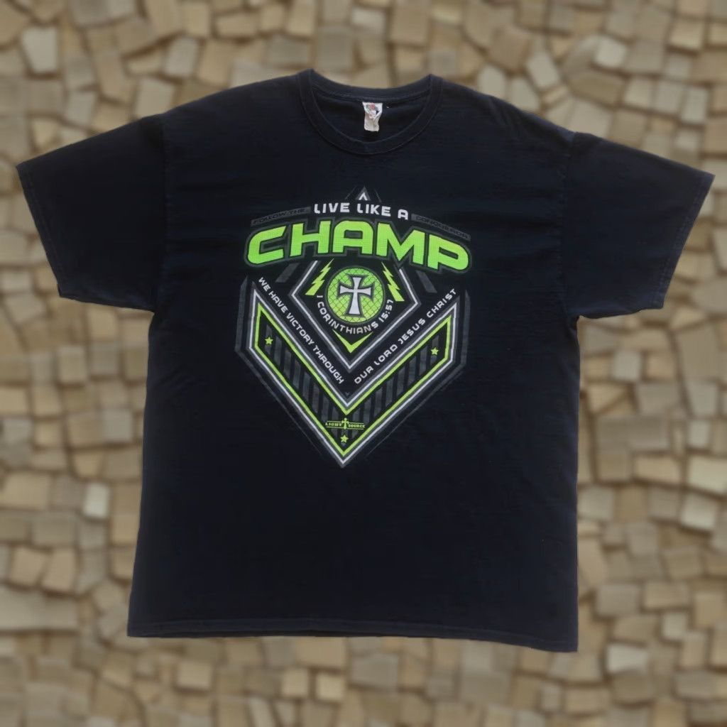 Fruit Of The Loom VINTAGE Fruit of the Loom T-Shirt 90s Graphic Bible God Live Like a Champ XL Black Mens Short Sleeve Crew Neck Size US XL / EU 56 / 4 - 1 Thumbnail