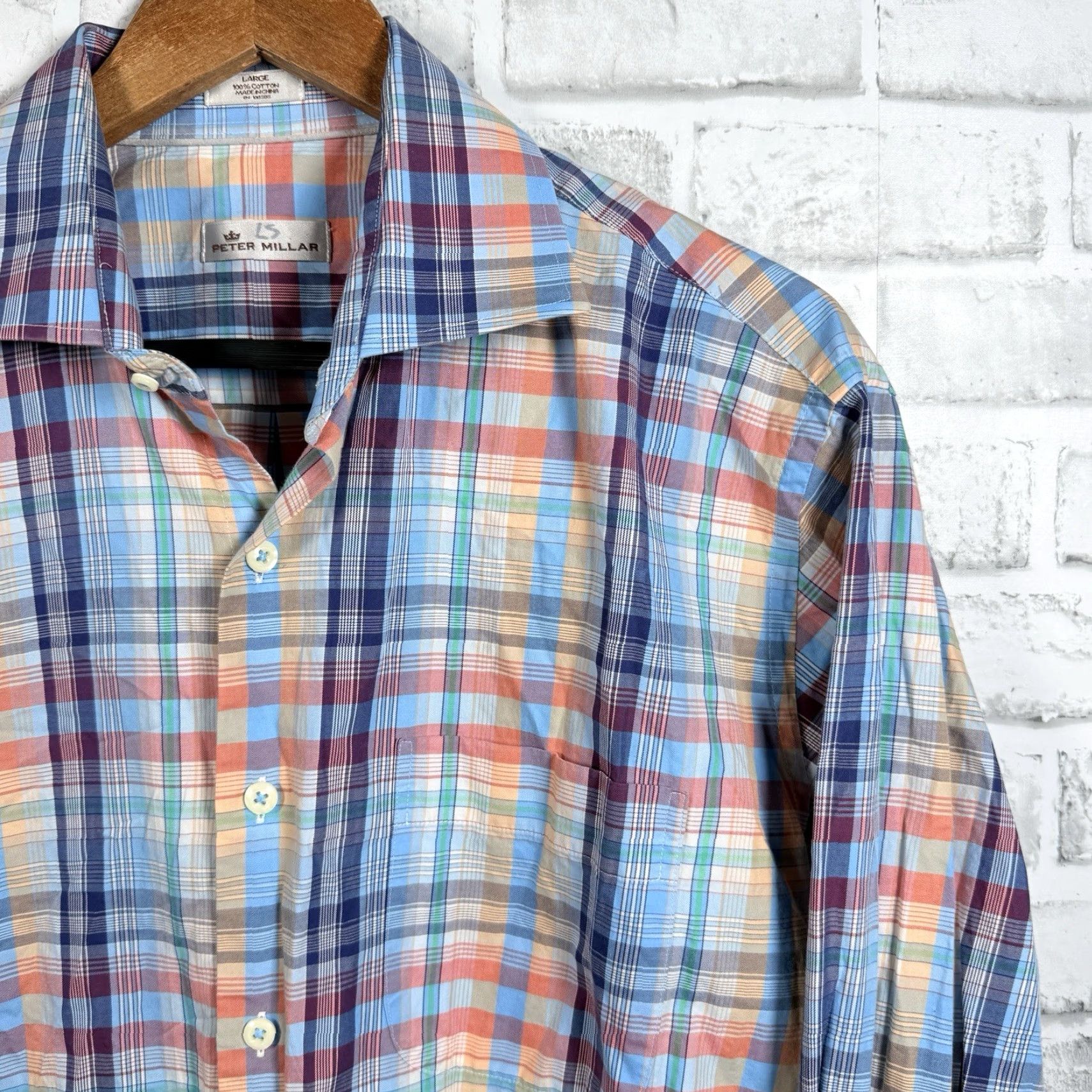 Peter Millar PETER MILLAR Cotton Plaid Button-Up Shirt Long Sleeve Men's Size L Multicolor Size US L / EU 52-54 / 3 - 2 Thumbnail