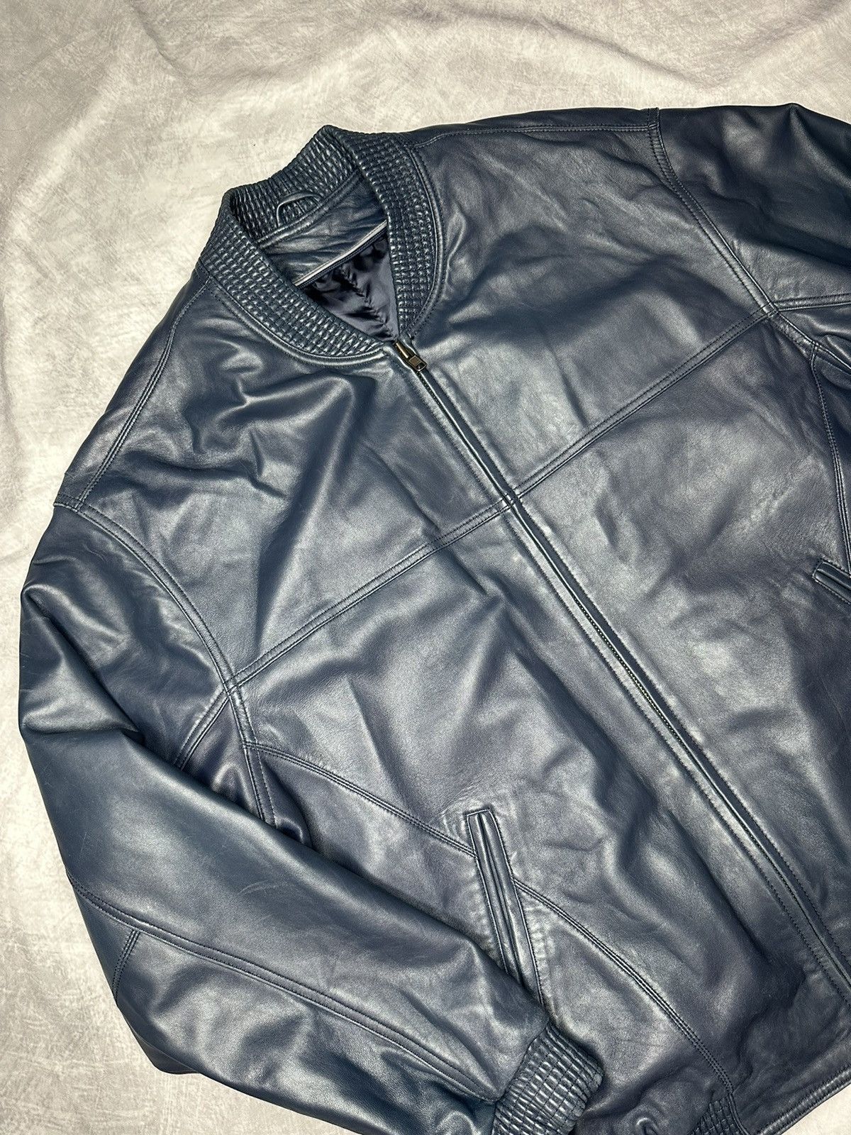 Other Leather Bomber Jacket Navy Blue Zip Pockets Size US XXL / EU 58 / 5 - 5 Thumbnail