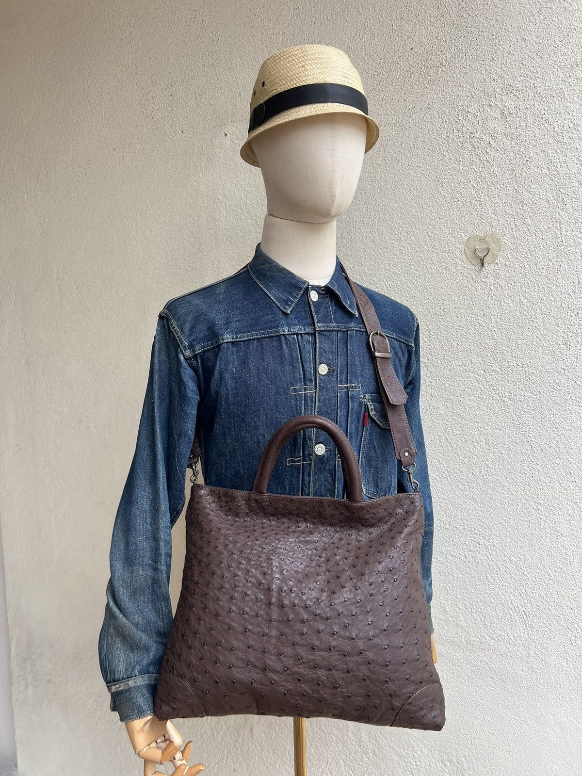 Leather Vintage Ostrich Leather 2 Way Bag AKI Leather Work Japan Size ONE SIZE - 1 Thumbnail
