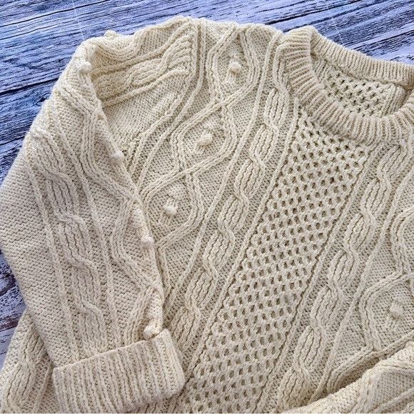 Handmade Hand Knit Cream Fisherman Cable Knit Wool Sweater Size US S / EU 44-46 / 1 - 3 Thumbnail