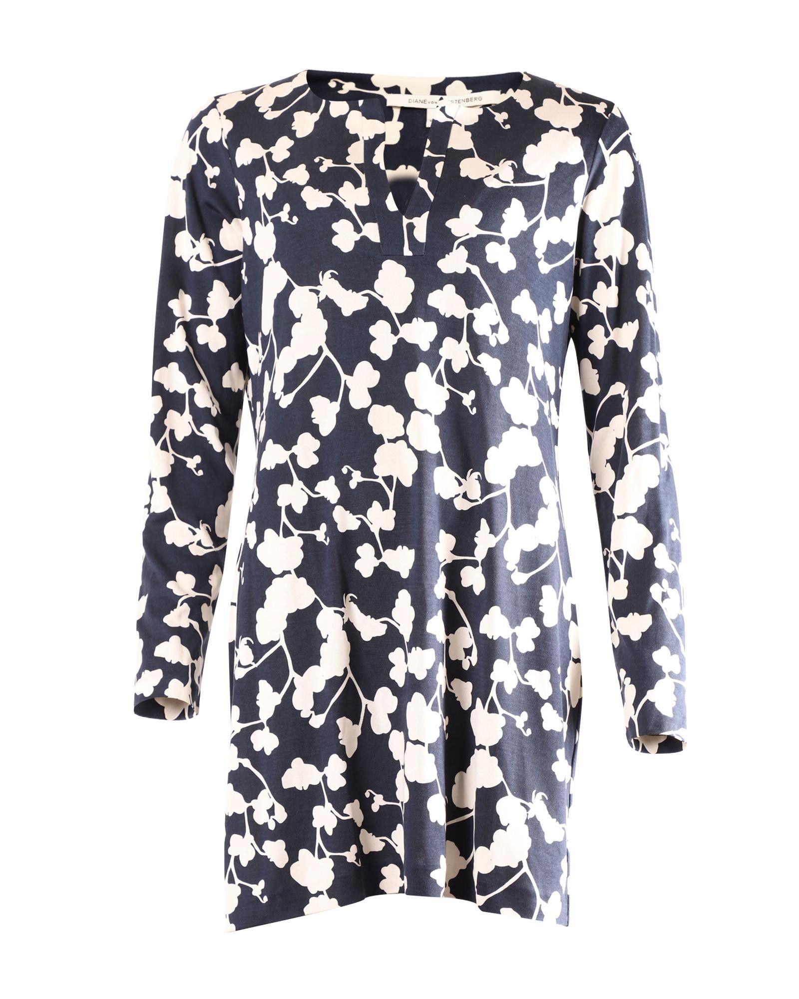 image of Diane Von Furstenberg Floral Printed Silk Tunic Dress With Long Sleeves, Women's (Size XL)