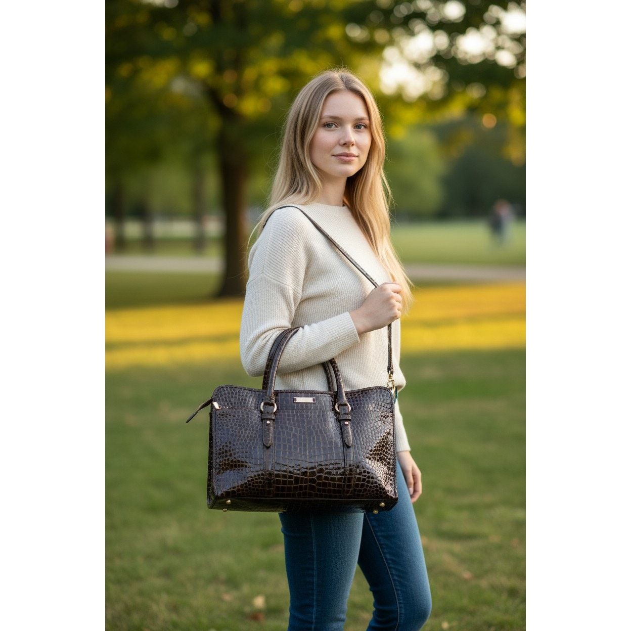 Cole Haan Cole Haan Blk Croc Embossed Leather Satchel/Briefcase Women Size ONE SIZE - 1 Thumbnail