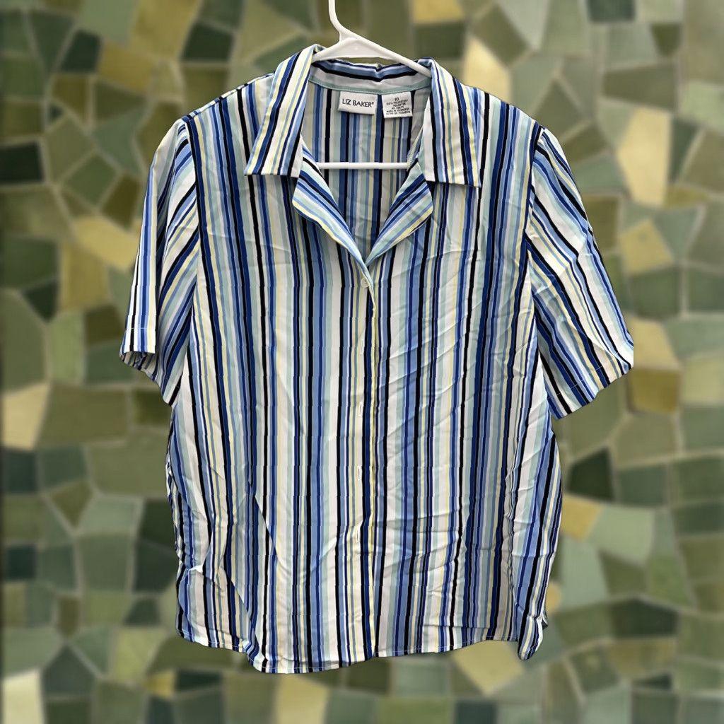 Vintage Womens Liz Baker Shirt Striped Short Sleeve Button Up Blue (Size 10) Size L / US 10 / IT 46 - 1 Thumbnail
