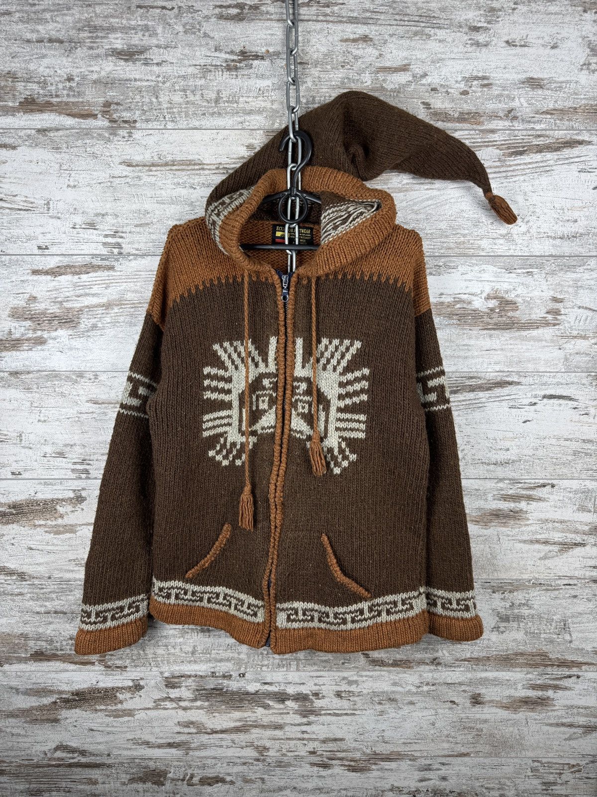 Handmade Mens Vintage Pachamama style zip hoody jacket hand knitted Size US M / EU 48-50 / 2 - 1 Thumbnail