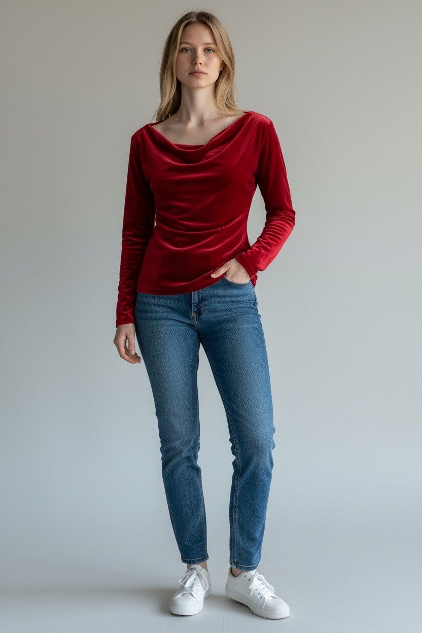 Lands' End Lands End Rich Red Velvet Cowl Neck Top Size L / US 10 / IT 46 - 1 Thumbnail