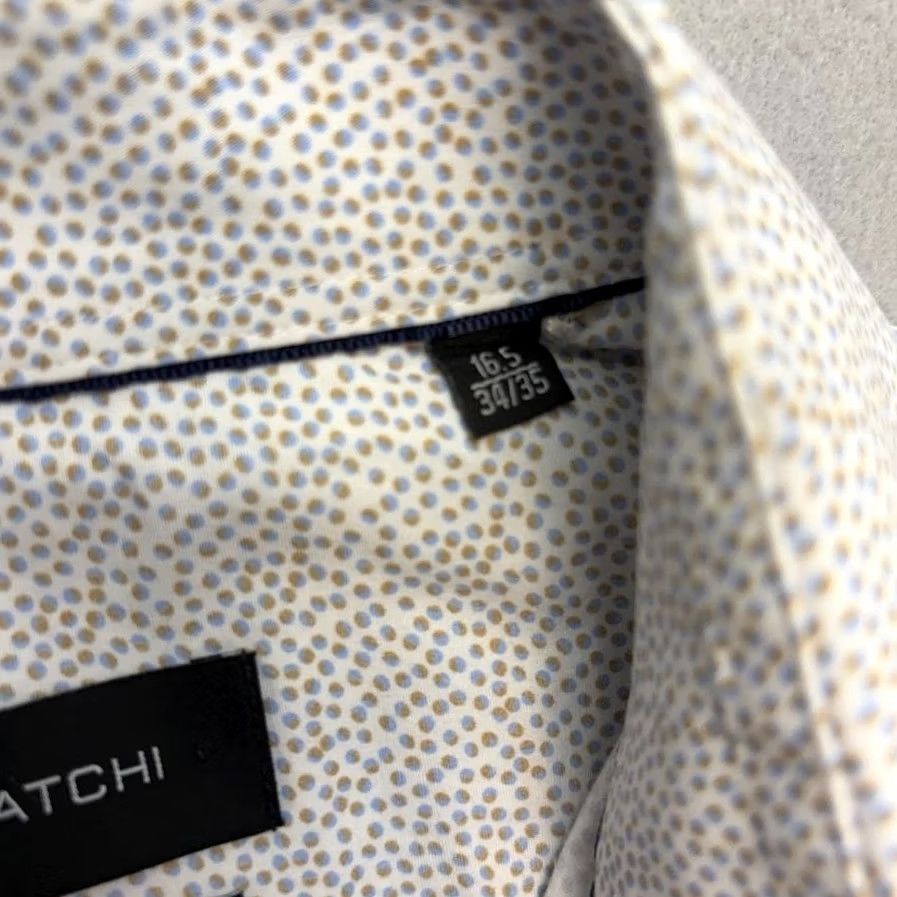 BUGATCHI BUGATCHI Shirt Mens 16.5 White Comfort Stretch Blue Dot Long Sleeve Button Size US XL / EU 56 / 4 - 7 Thumbnail