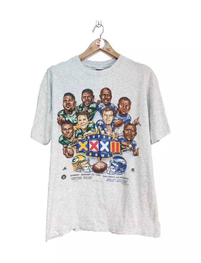 image of Nfl x Vintage Super Bowl Xxxii Caricature 1998 Full Print T-Shirt in Grey, Men's (Size XL)