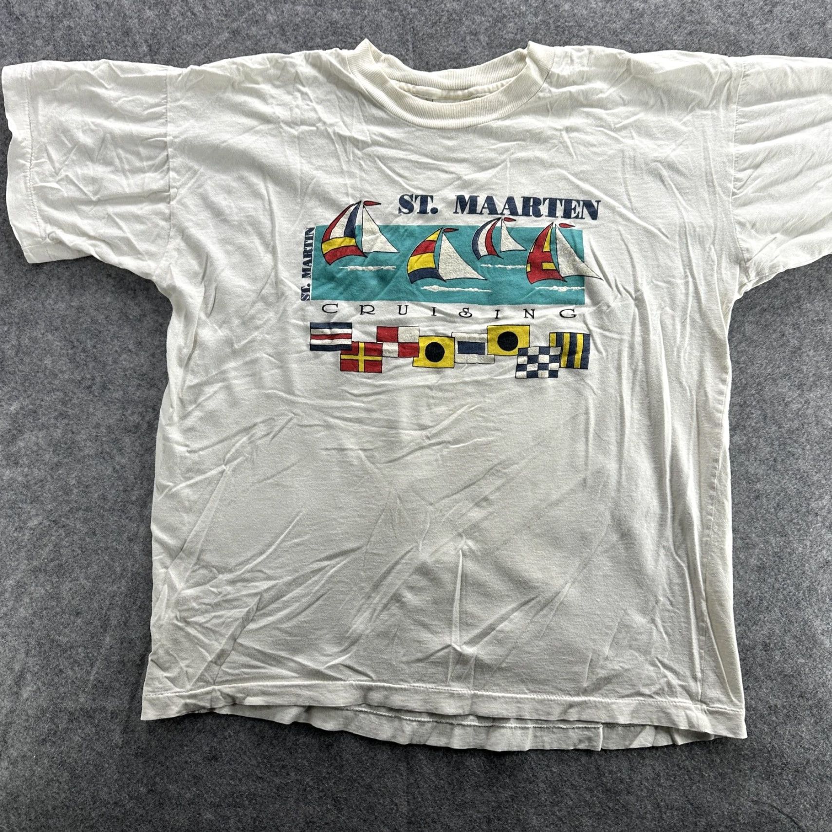 Paradise VINTAGE Paradise Island St. Maarten Shirt Mens XL Crew Neck Short Sleeve Graphic Sailboats Nautical 90s Travel Souvenir Mens XL White Size US XL / EU 56 / 4 - 2 Thumbnail