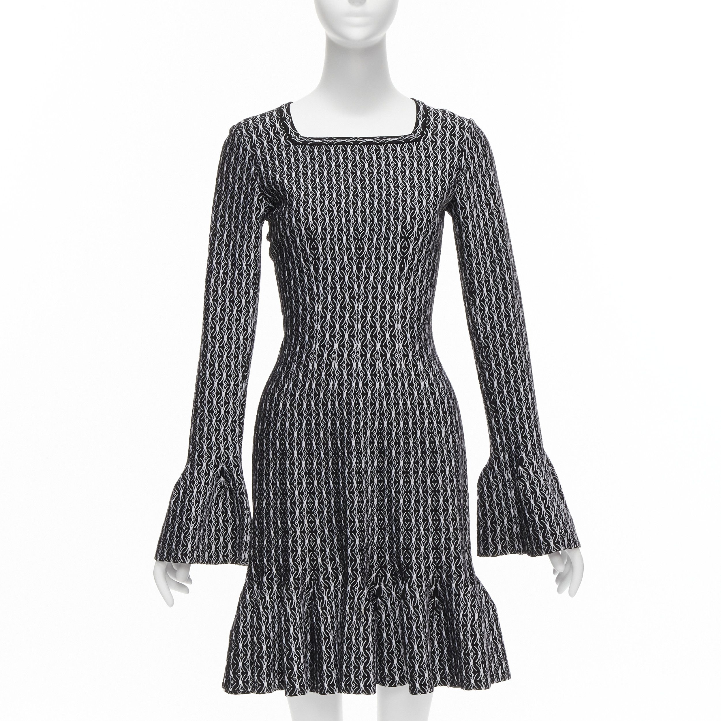 new ALAIA black white wool jacquard square neck flared hem cocktail dress FR38 M
