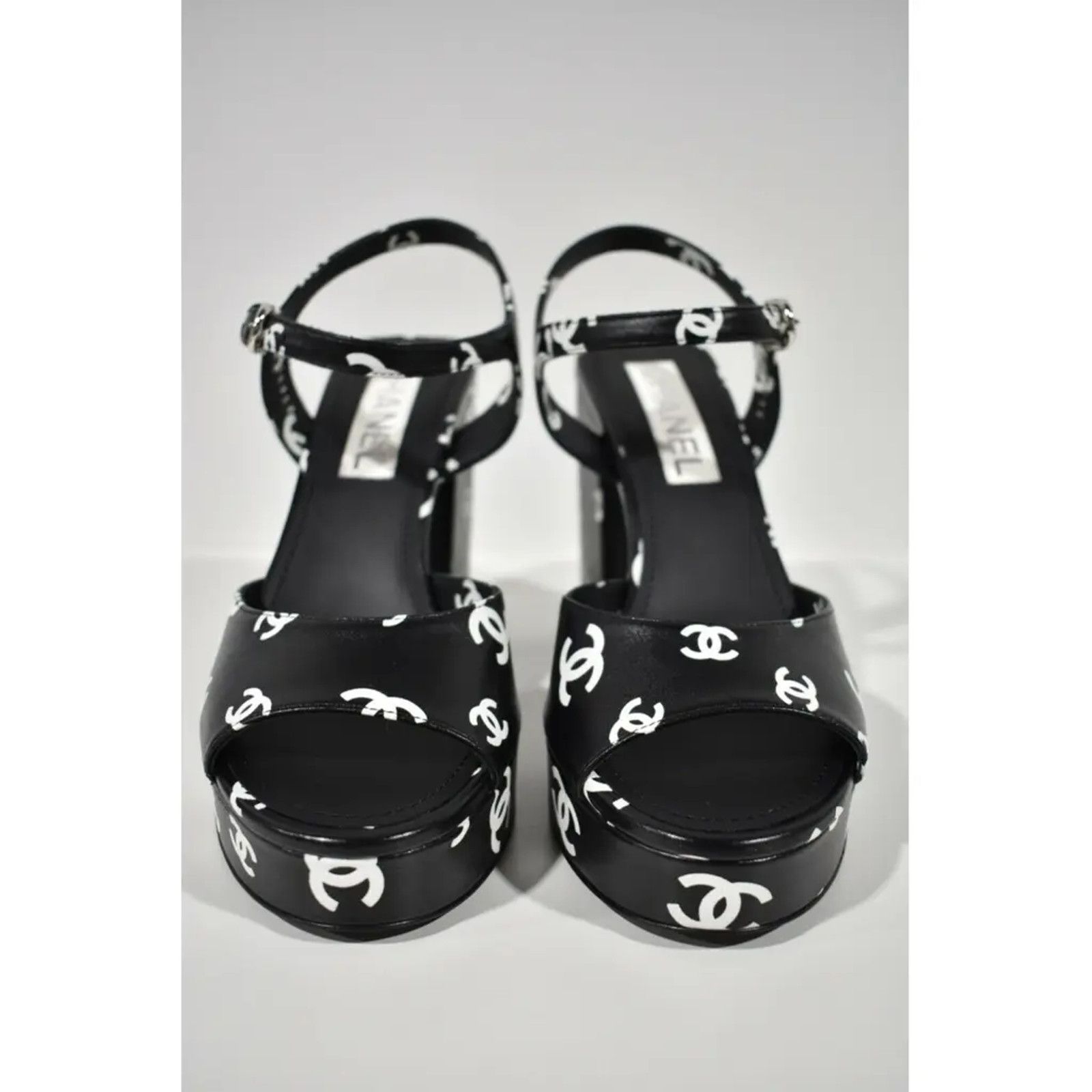 Chanel Chanel 22S Black White Lambskin CC Logo Platform Strap Size US 9 / IT 39 - 5 Thumbnail
