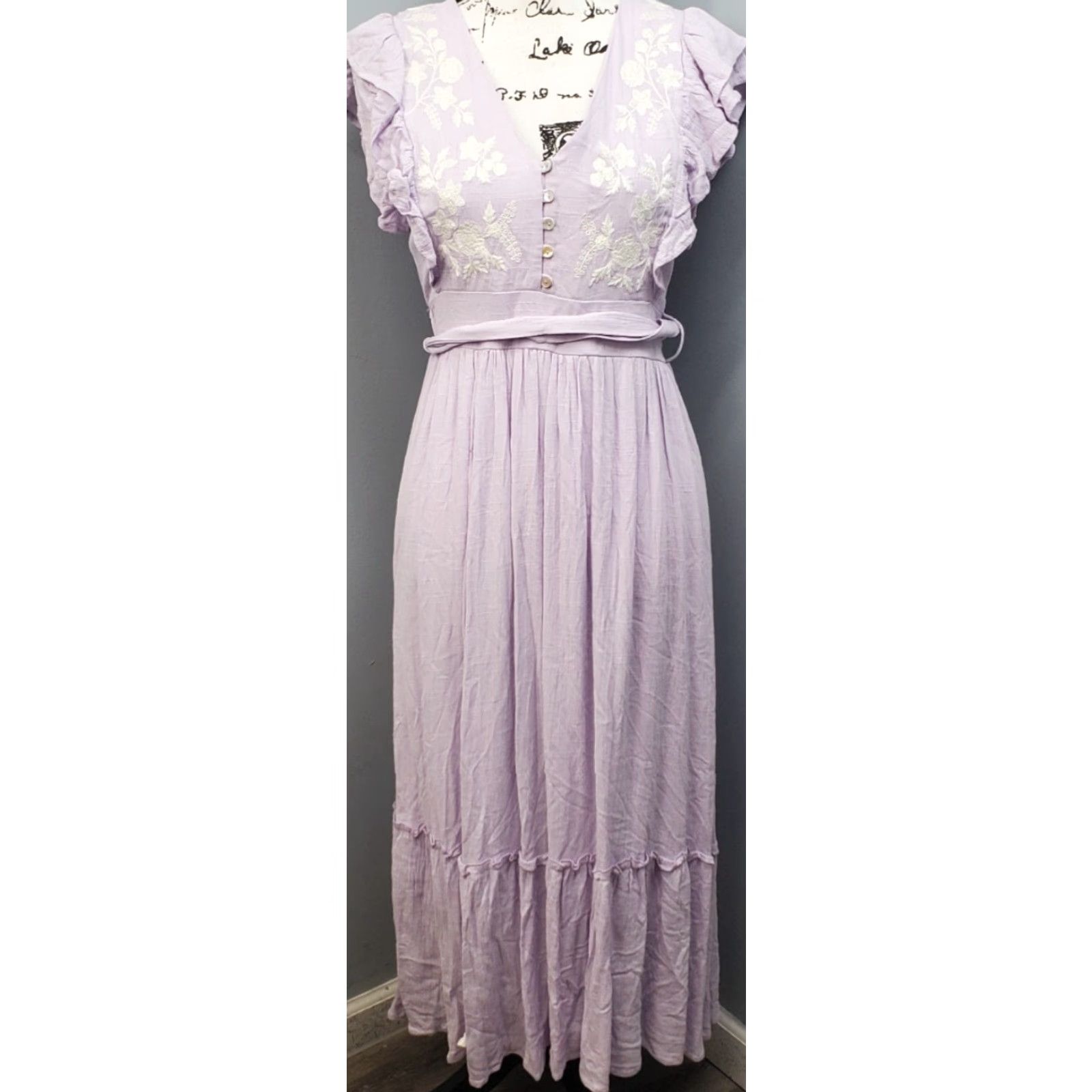 Vintage PinkBlush In Loom Maxi Dress Womens M Purple White Embroidered Floral Tie Waist Dress Size M / US 6-8 / IT 42-44 - 2 Thumbnail
