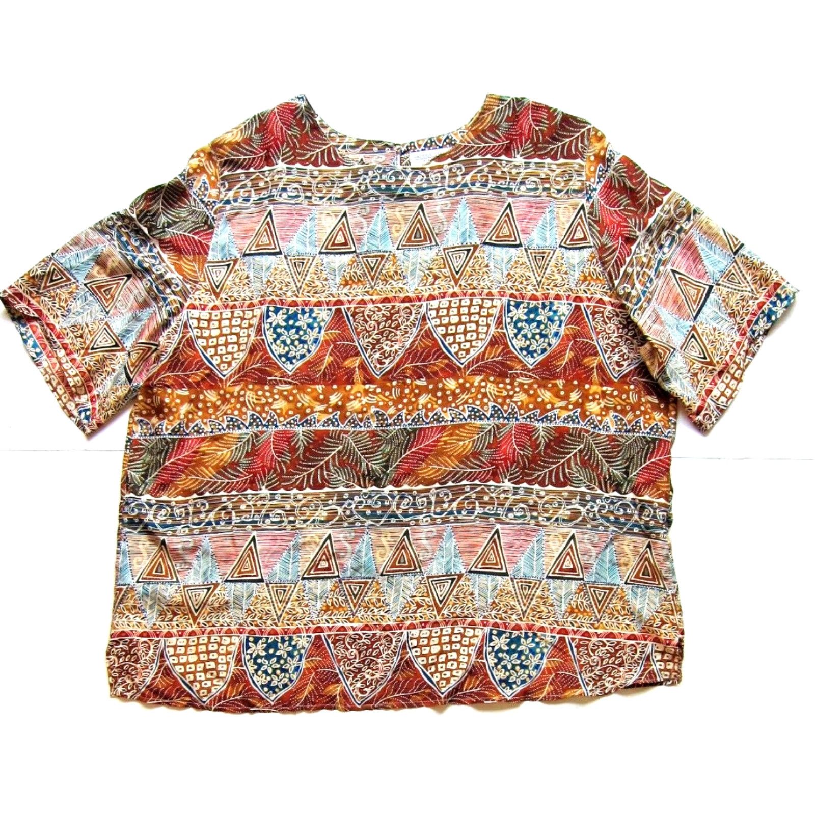 Vintage Vtg Valerie Stevens Blouse Tunic 24W Silk Floral Short Sleeve Brown Blue Women Ladies Dress Shirt Size 4XL / US 24-26 - 2 Thumbnail