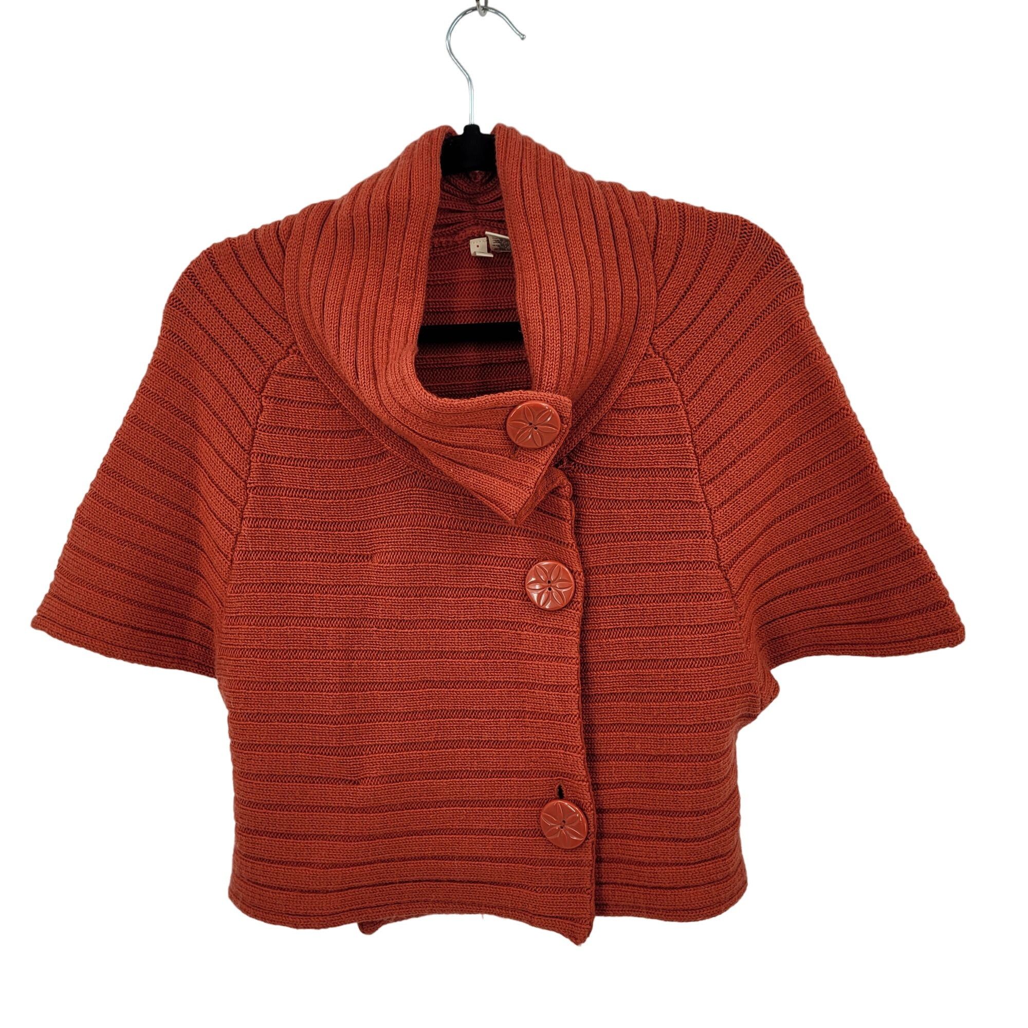 Designer Moth Rust Wool Ribbed Knit Poncho L High Collar Button Cardi Size L / US 10 / IT 46 - 12 Thumbnail